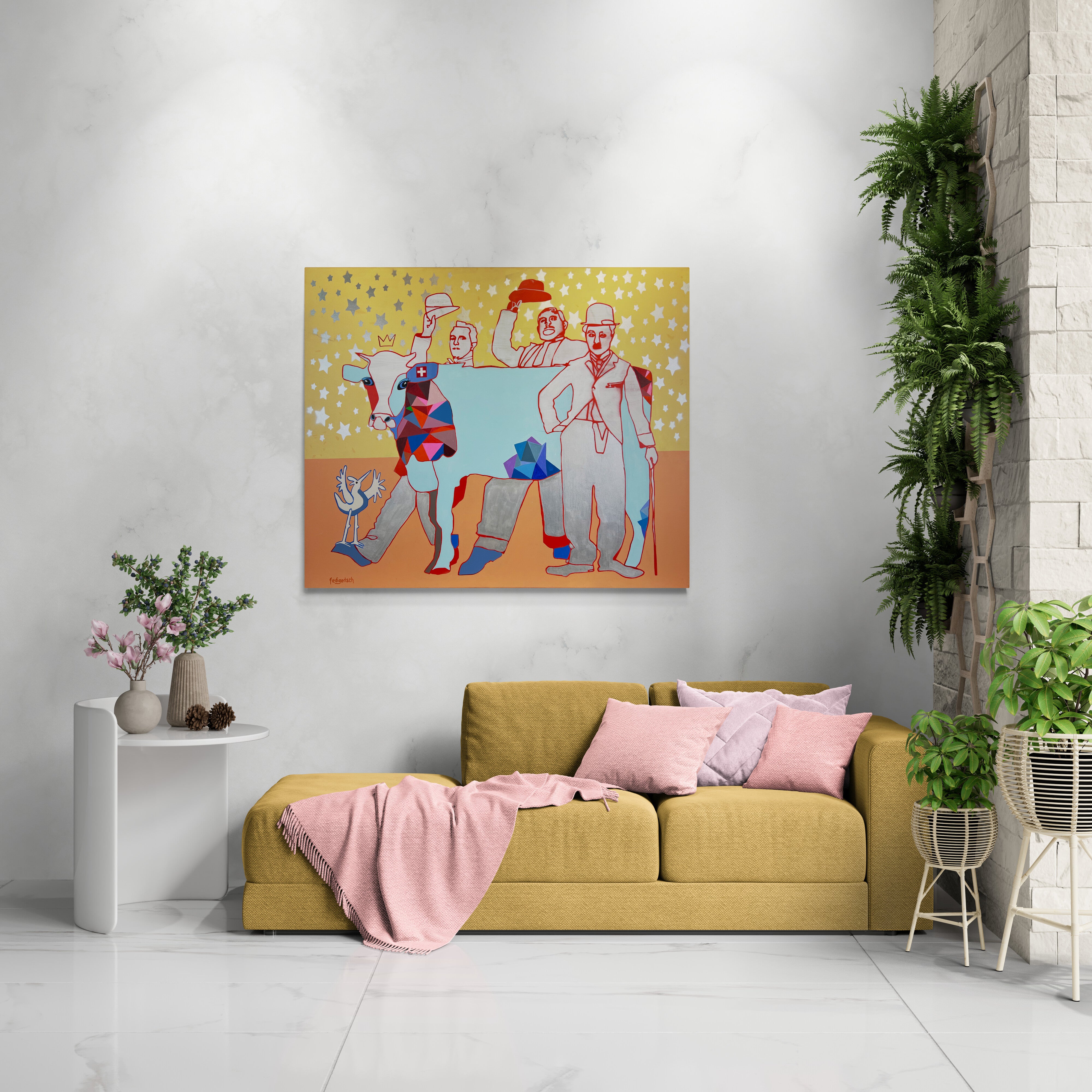 Pop Art 120x100cm A Star is Born, Kuh Charlie Chaplin Laurel Hardy Sternenhimmel Nostalgie Kreativität Lebensfreude, Hollywood Legends Serie, Acryl Leinwand Original Fredi Gertsch, in Wohnraum über Sitzgruppe