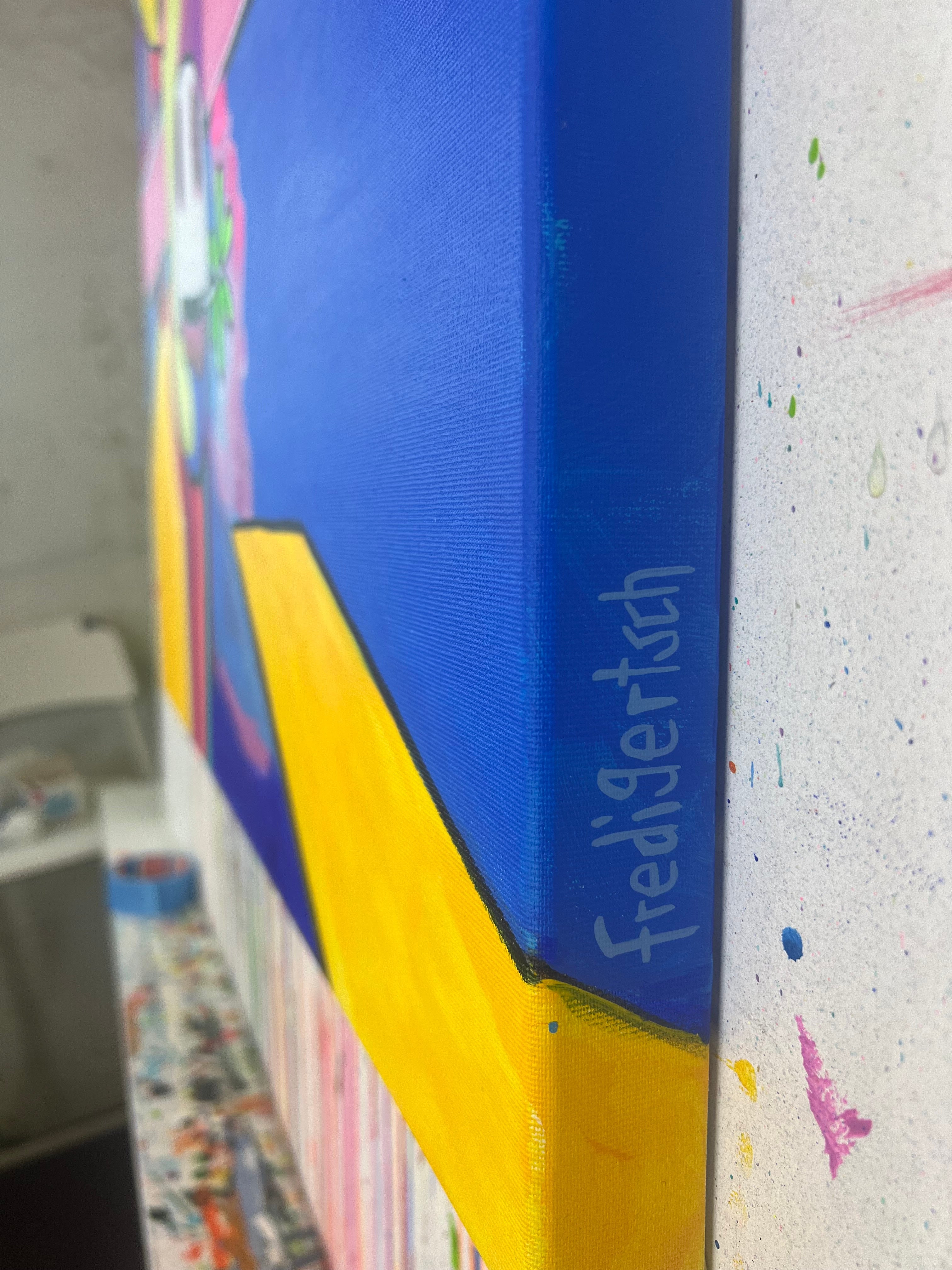 Pop Art 80x80cm Baby Meets David, Baby-Kuh David Hockney Big Splash Pool Wasserspritzer, Pop Art Hommage Lebensfreude, Baby Meets Serie, Acryl Leinwand Original Fredi Gertsch, Seitenansicht und Signatur