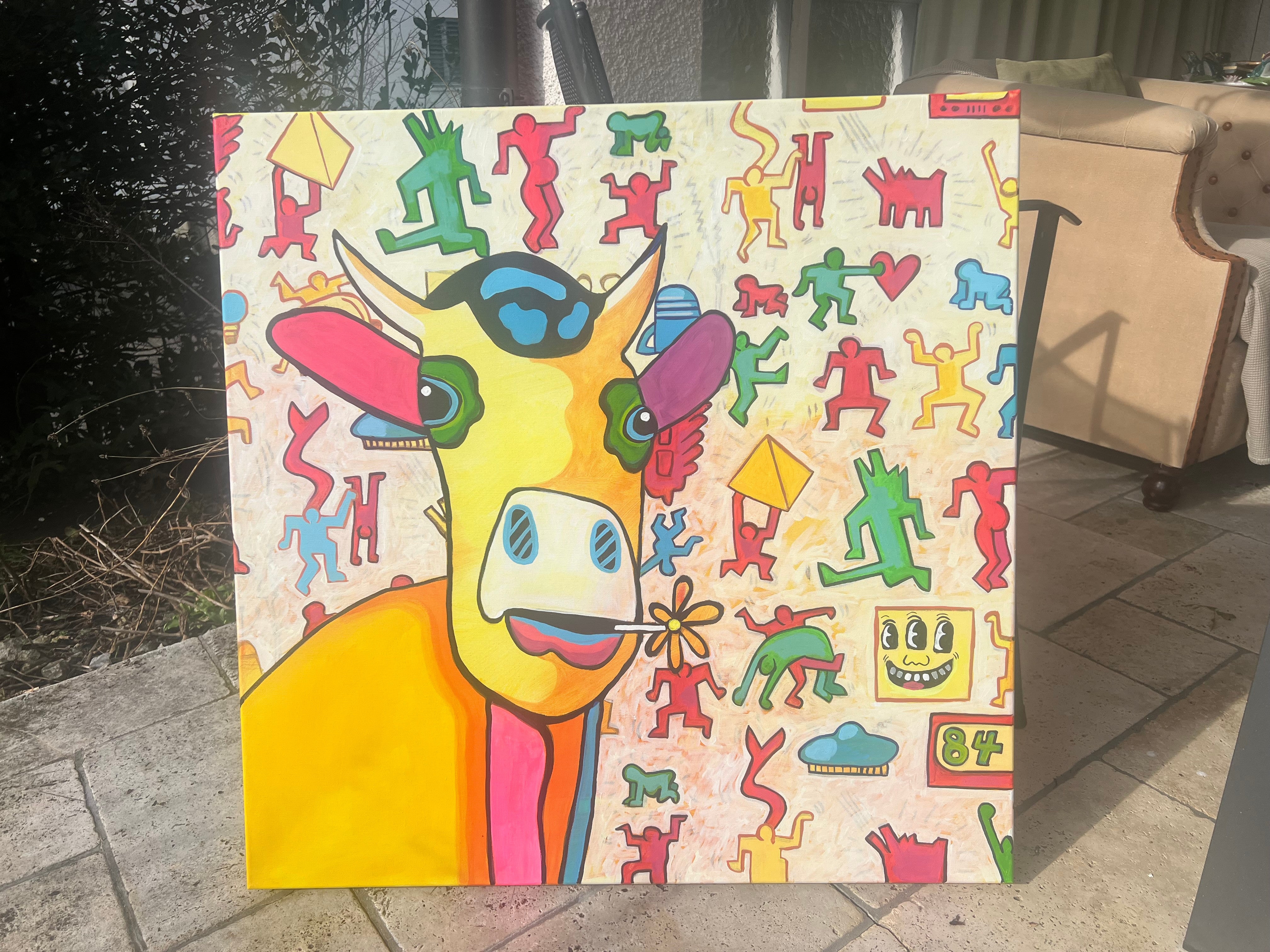 Pop Art 80x80cm Baby Meets Keith, Baby-Kuh Keith Haring tanzende Figuren dynamische Linien, Kreativität Lebensfreude Aktivismus, Baby Meets Serie, Acryl Leinwand Original Fredi Gertsch, Outdoor