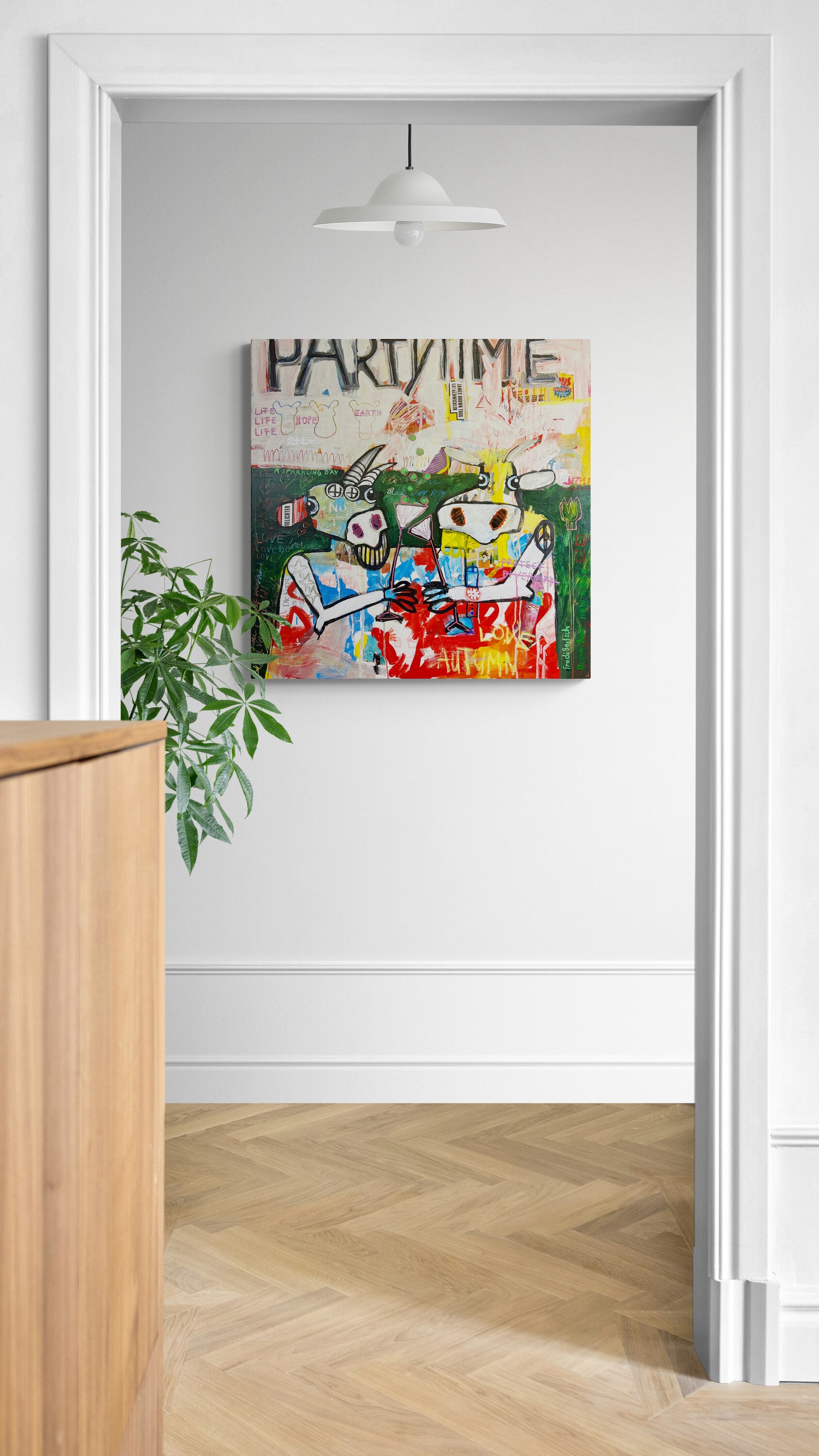Pop Art Kühe 80x80cm Party Time, zwei Kühe zuprosten Basquiat Stil Street Art, Lebensfreude Herbstliebe, Mixed Media Leinwand Original Fredi Gertsch, in Wohnraum Gang