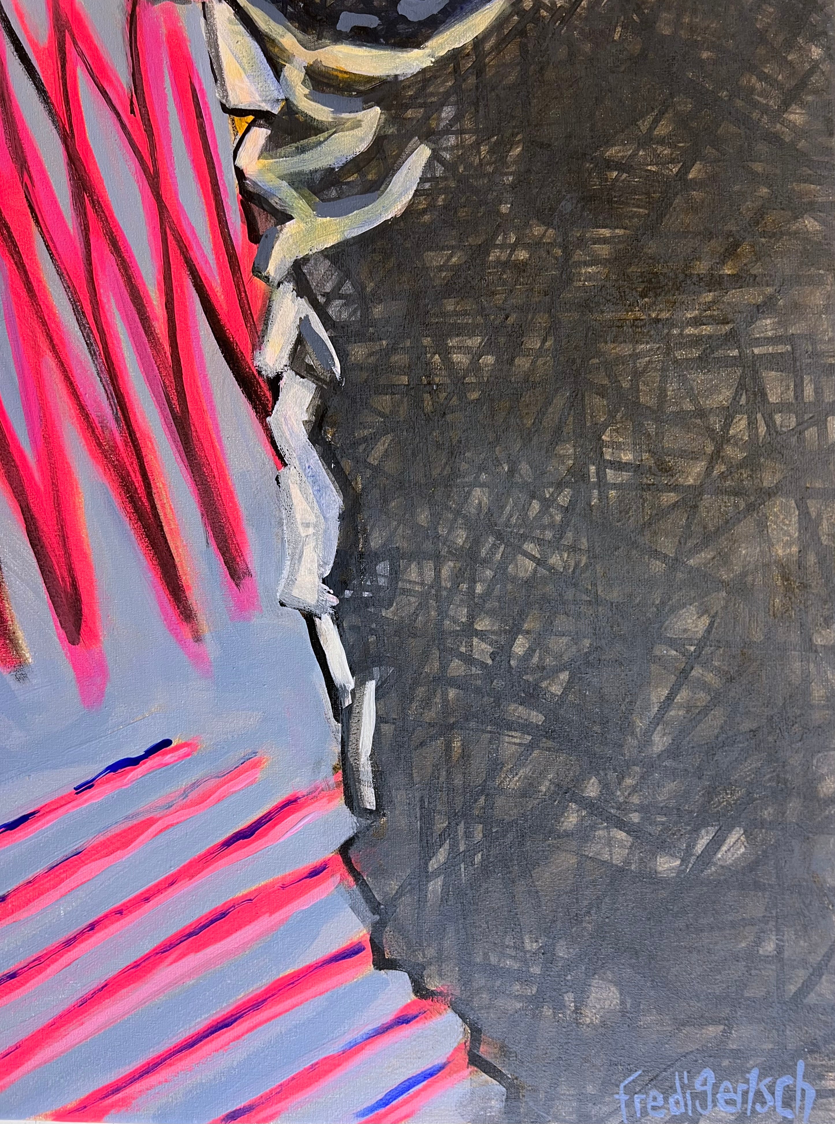 Street Art 40x120cm Baby Bird, Kuh Mütze Vogel schriftähnliche Zeichen Kreativität Individualität urbaner Charme, Acryl Leinwand Original Fredi Gertsch, Detailansicht Signatur