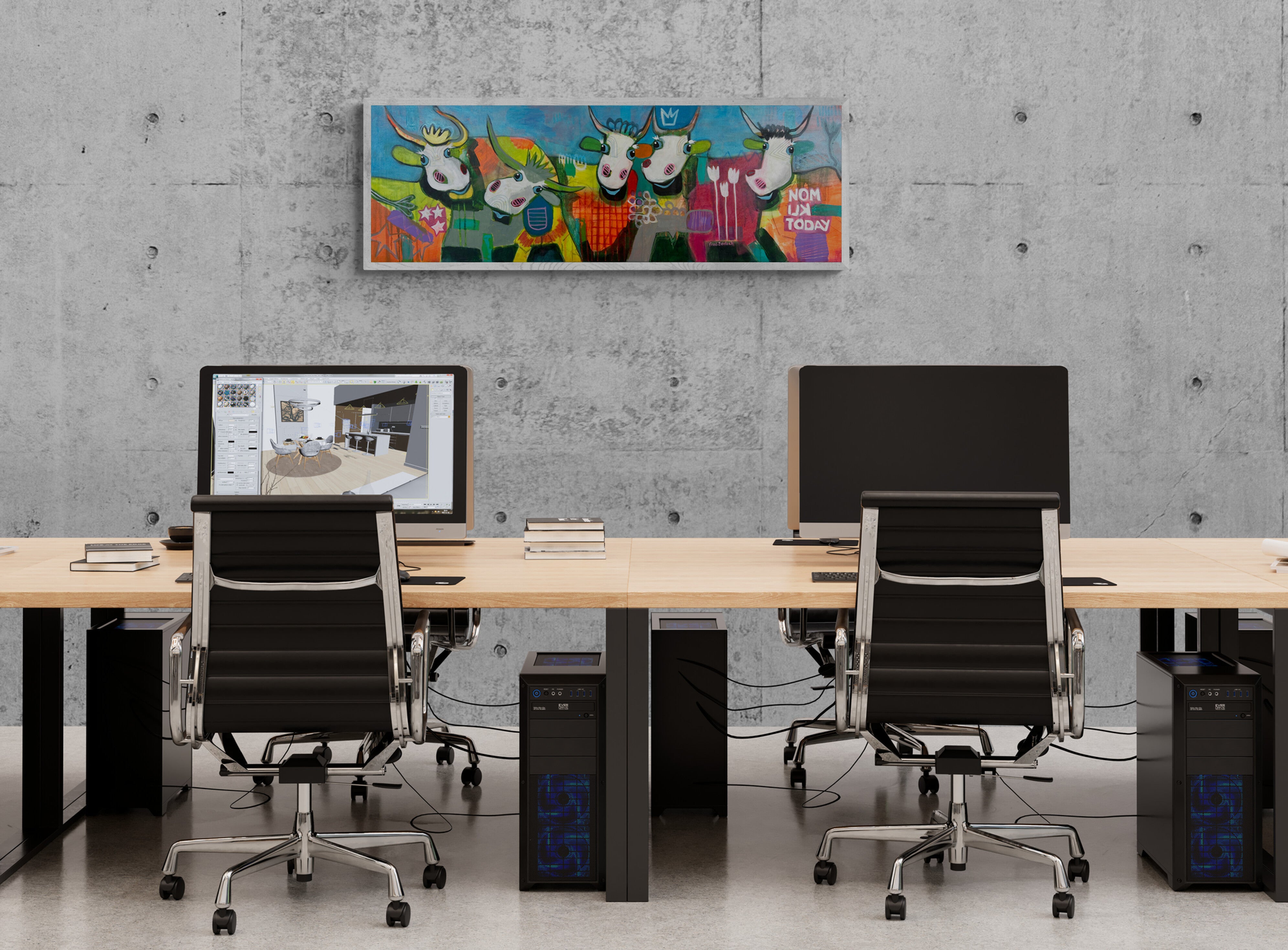 Pop Art 120x40cm Alpaufzug, fünf fröhliche Kühe Krone Sterne No Milk Today Schweizer Tradition Gemeinschaft Lebensfreude, Acryl Leinwand Original Fredi Gertsch, in Büroraum gerahmt