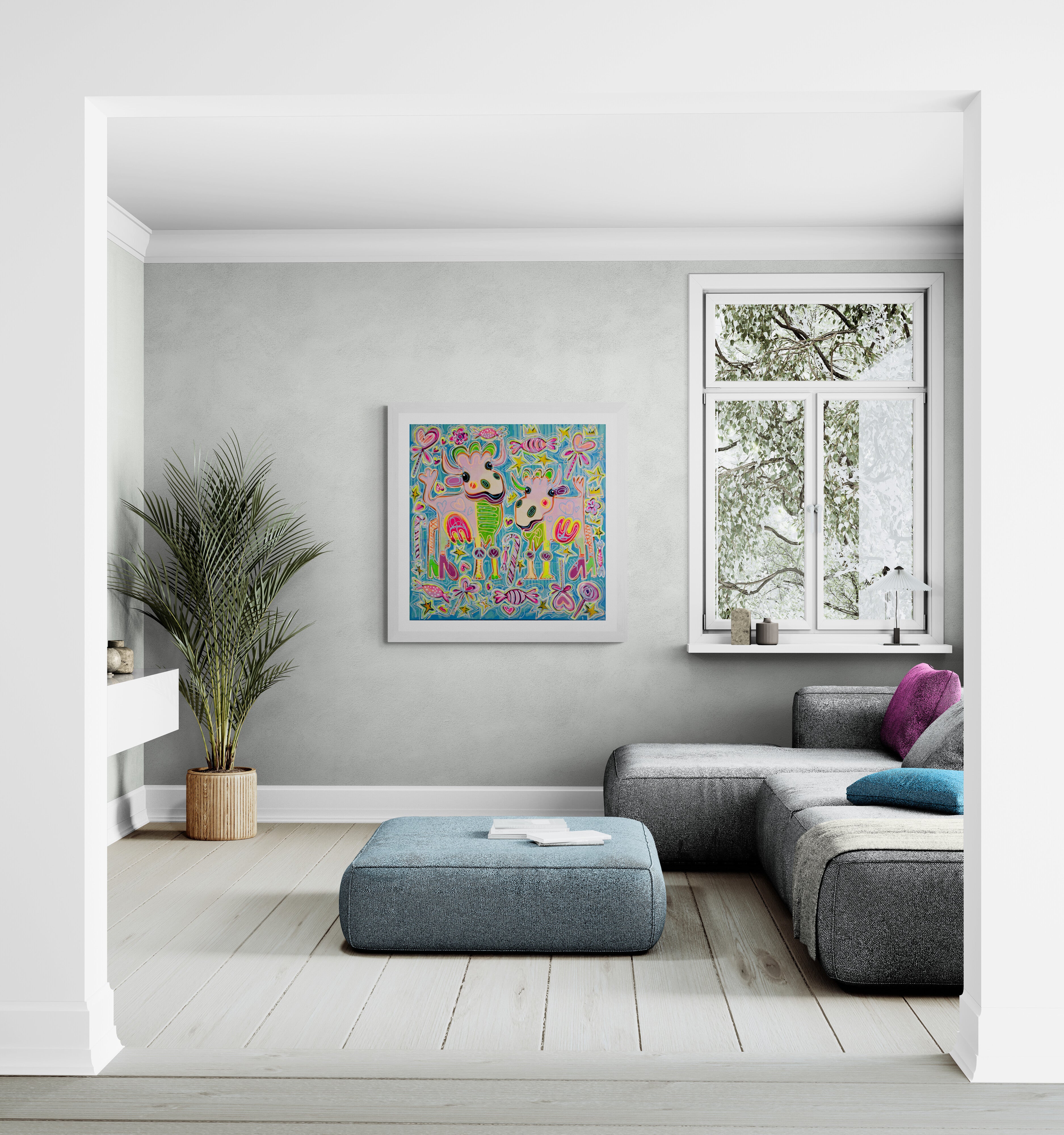 Pop Art Kühe 90x90cm Sugar Candy, zwei Kühe High Heels Süssigkeiten Schleckstengel Herzen, Humor Lebensfreude, Acryl Leinwand Original Fredi Gertsch, in Wohnraum mit weissem Rahmen.