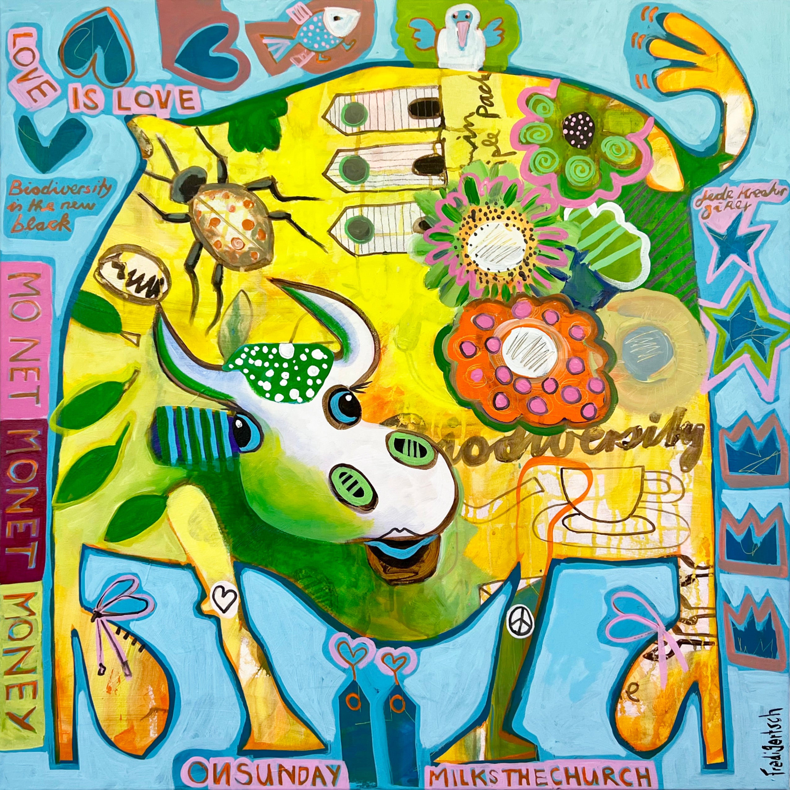 Pop Art Kuh 80x80cm Baby Diversity, Kuh Käfer Blumen Teetasse Biodiversity is the new Black, Biodiversität Natur, Acryl Leinwand Original Fredi Gertsch