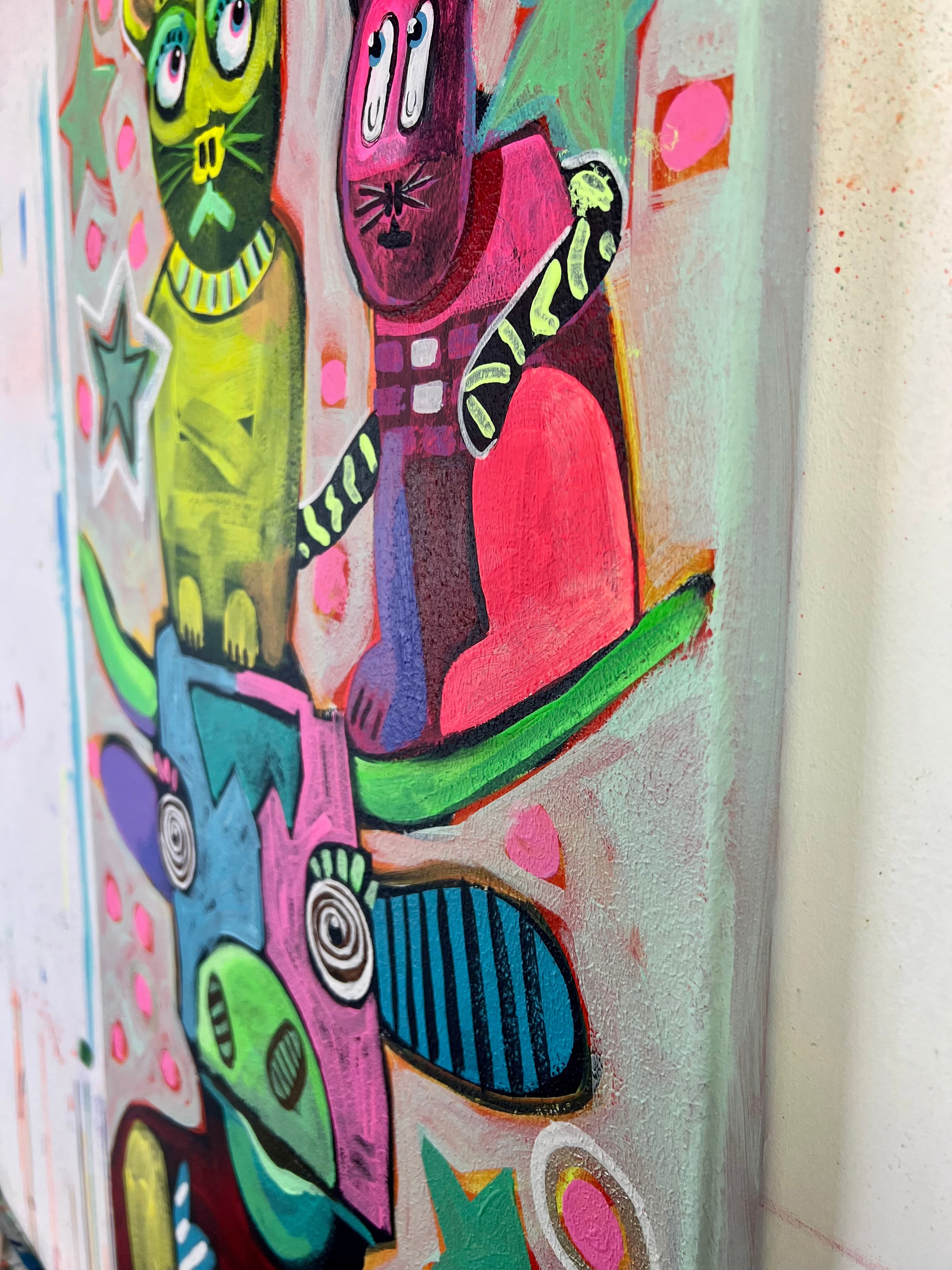 Pop Art 40x120cm Animal Harmony, Bremer Stadtmusikanten modern Kuh Krokodil Hase Katze Huhn Pyramide, Vielfalt Zusammenhalt Gemeinschaft, Acryl Leinwand Original Fredi Gertsch, Seitenansicht