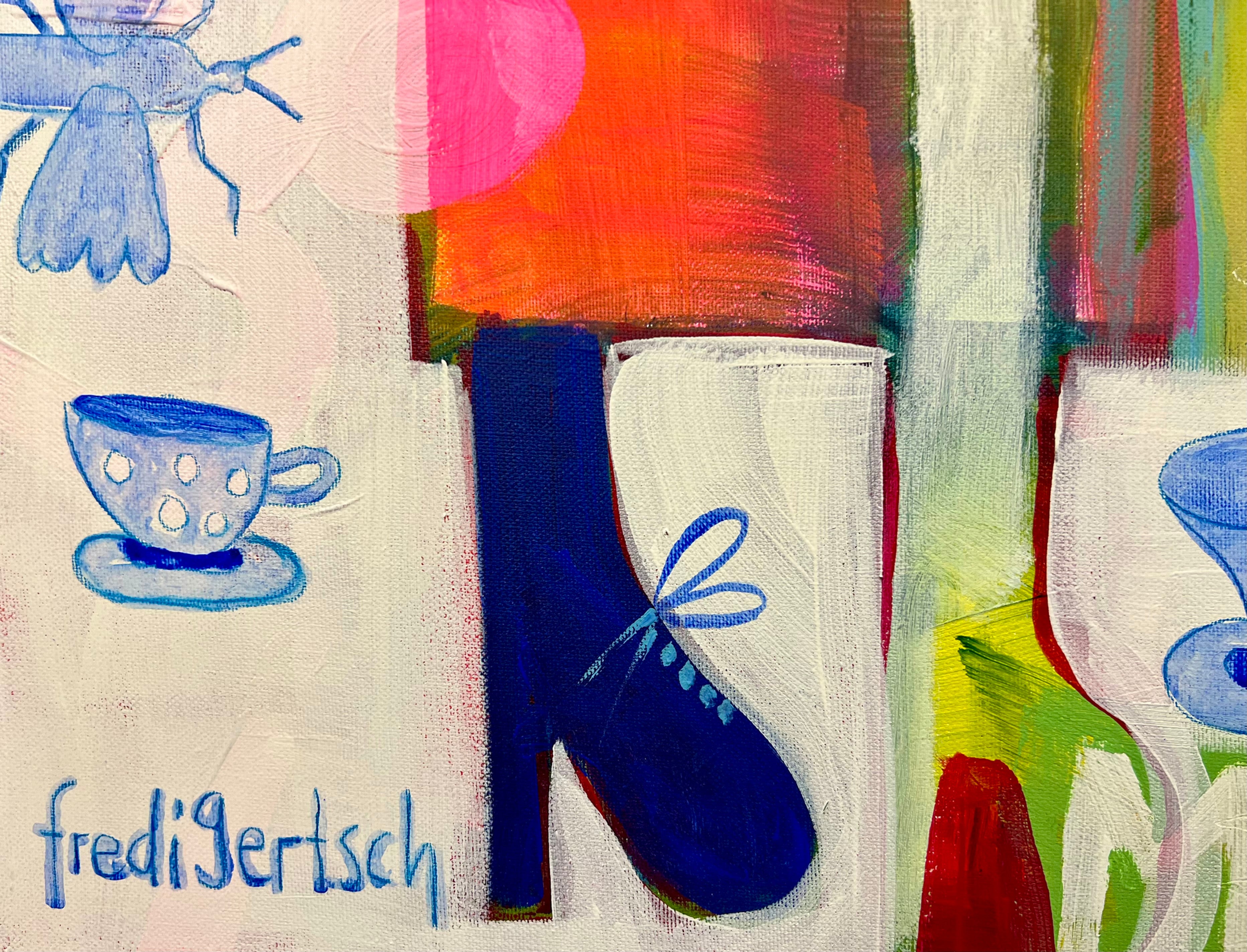 Pop Art Kuh 120x90cm Flower Power Baby, grosse Kuh Blumen blaue Insekten Biodiversität, Nachhaltigkeit Natur, Acryl Leinwand Original Fredi Gertsch, Detailansicht Signatur