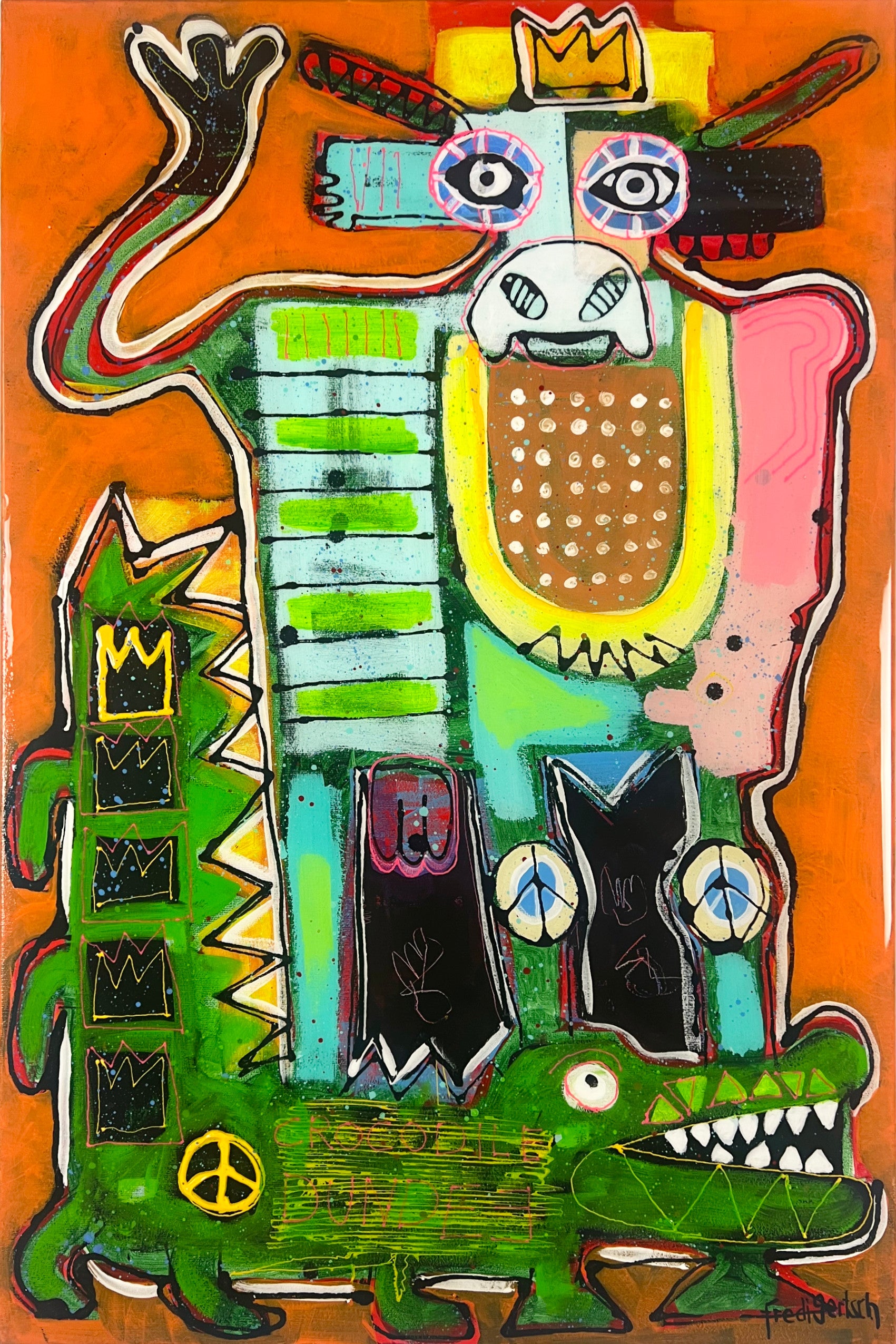 Street Art 60x90cm Crocodile Dundee, gekrönte Kuh Krokodil fünf Kronen Stärke Mut, Wild Royals Serie, Acryl Acrylharz Leinwand Original Fredi Gertsch