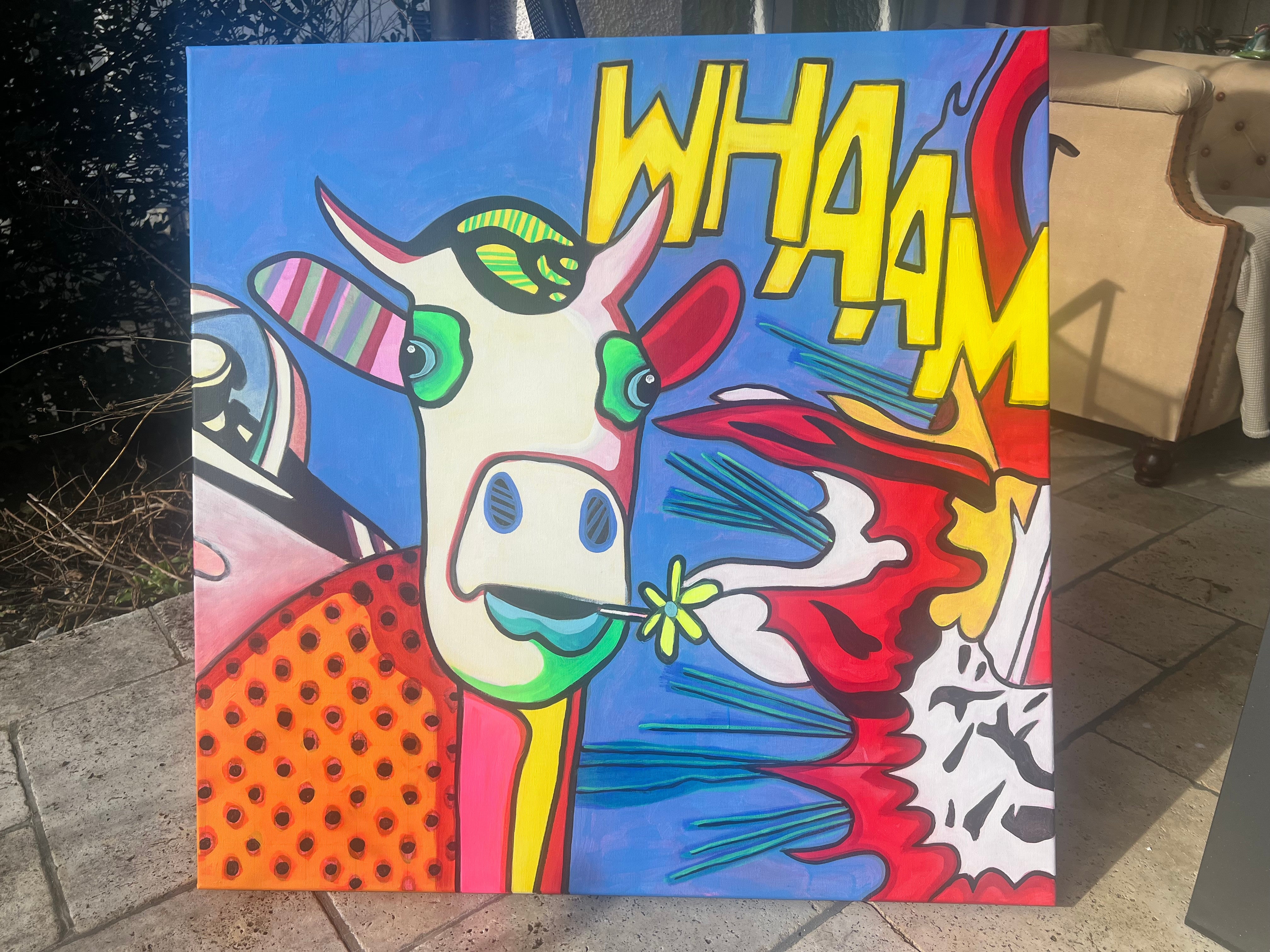 Pop Art 80x80cm Baby Meets Roy, Baby-Kuh Roy Lichtenstein Flugzeug Ben-Day-Dots Comic-Stil, Pop Art Hommage Dynamik, Baby Meets Serie, Acryl Leinwand Original Fredi Gertsch, im Freien