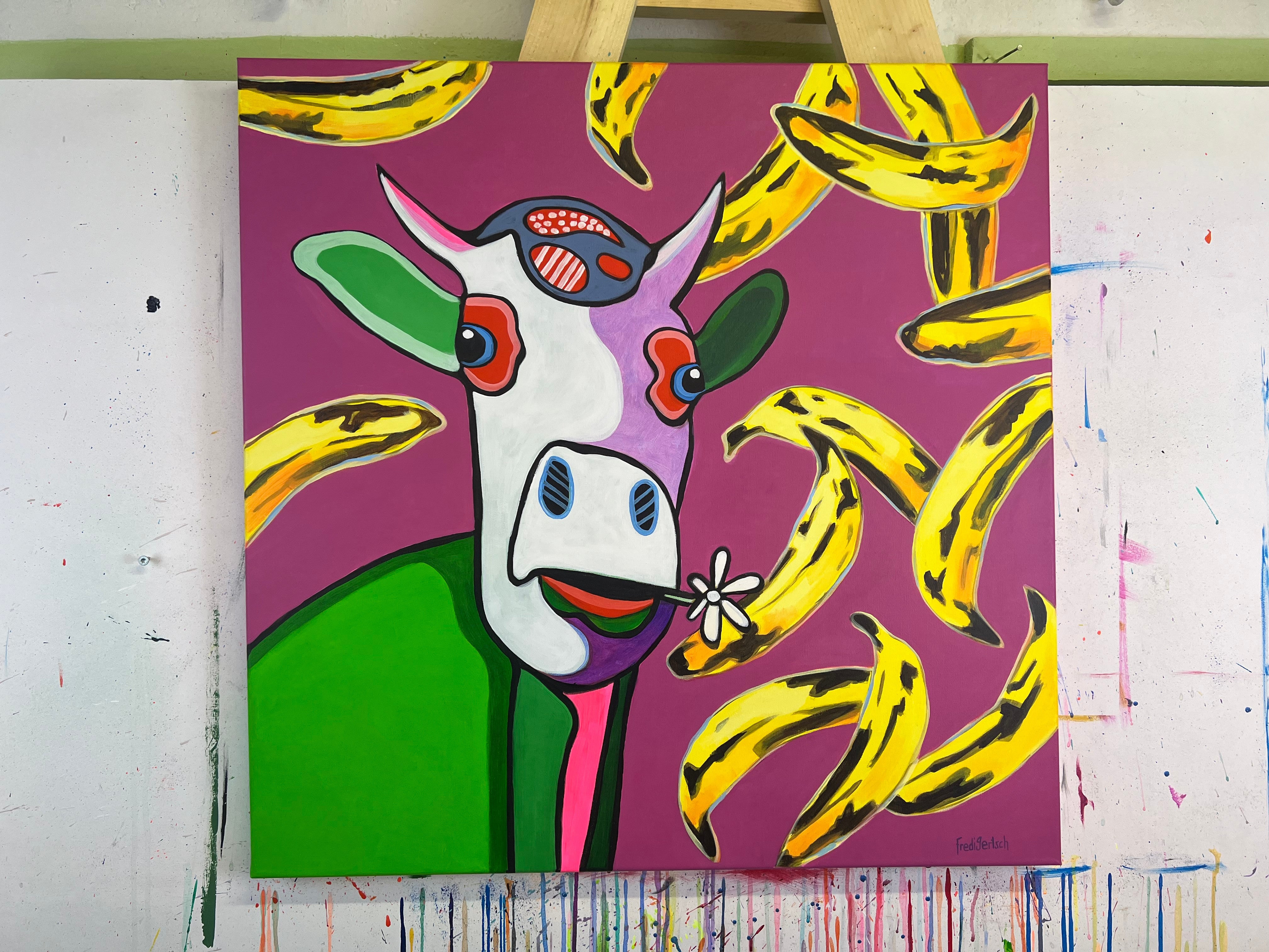 Pop Art 80x80cm Baby Meets Andy, Baby-Kuh Andy Warhol gelbe Bananen pink Hintergrund Velvet Underground, Kreativität Originalität, Baby Meets Serie, Acryl Leinwand Original Fredi Gertsch, auf Staffelei im Atelier