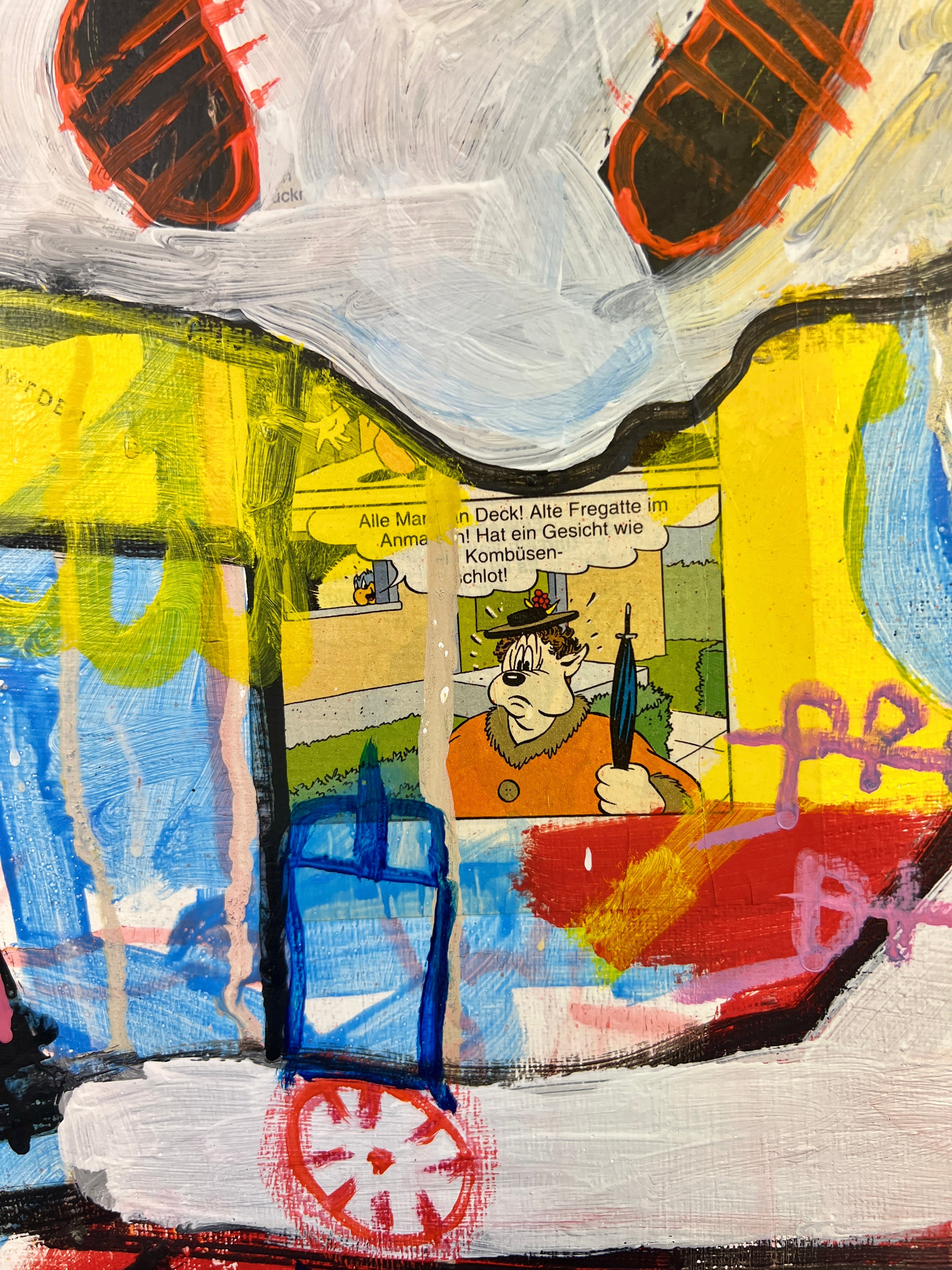 Pop Art Kühe 80x80cm Party Time, zwei Kühe zuprosten Basquiat Stil Street Art, Lebensfreude Herbstliebe, Mixed Media Leinwand Original Fredi Gertsch, Detailansicht Collage Alte Fregatten