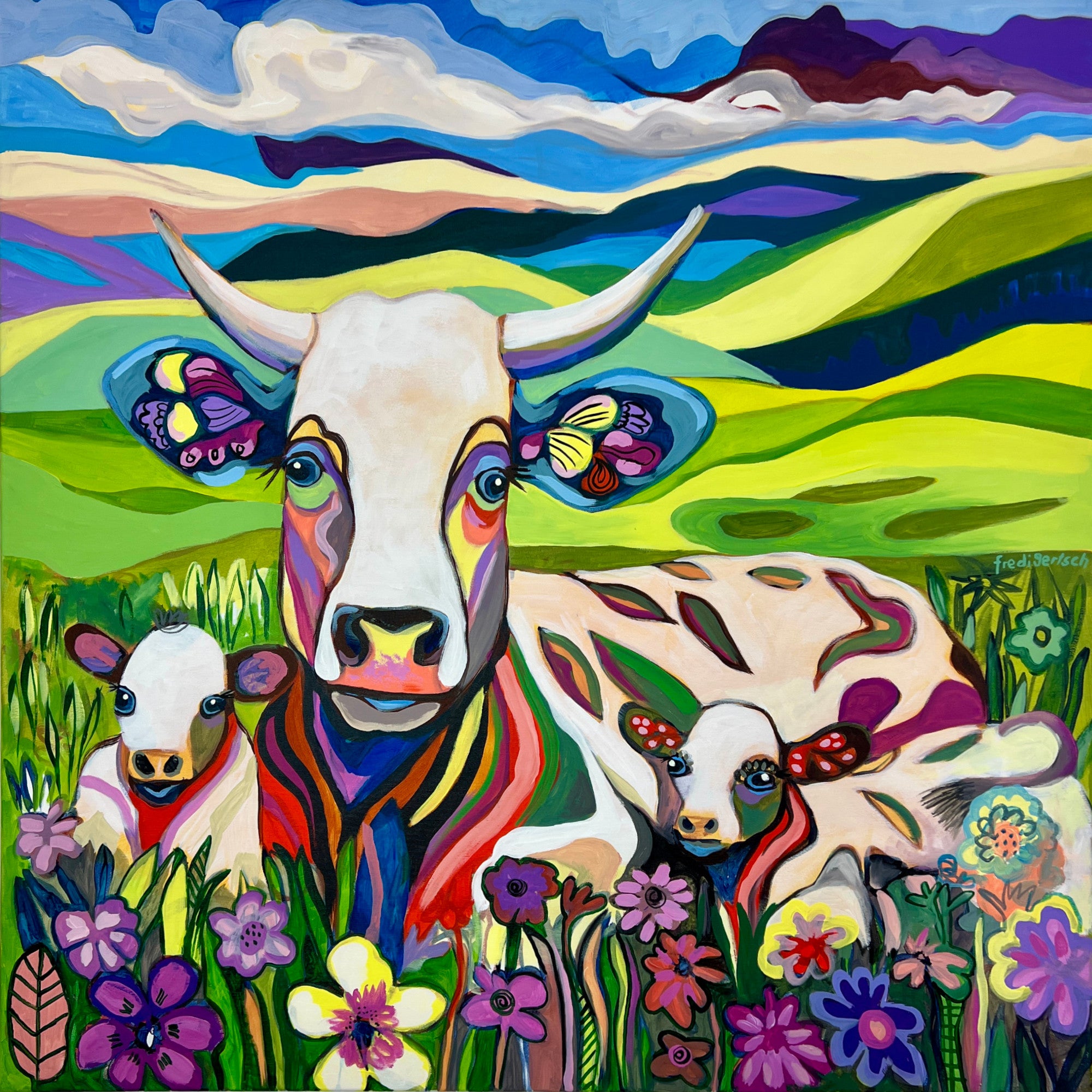 Pop Art Kuh 100x100cm BabyMum Blumenwiese, Kuh zwei Kälbchen Hügellandschaft Wolken, Familie Geborgenheit, Acryl Leinwand Original Fredi Gertsch