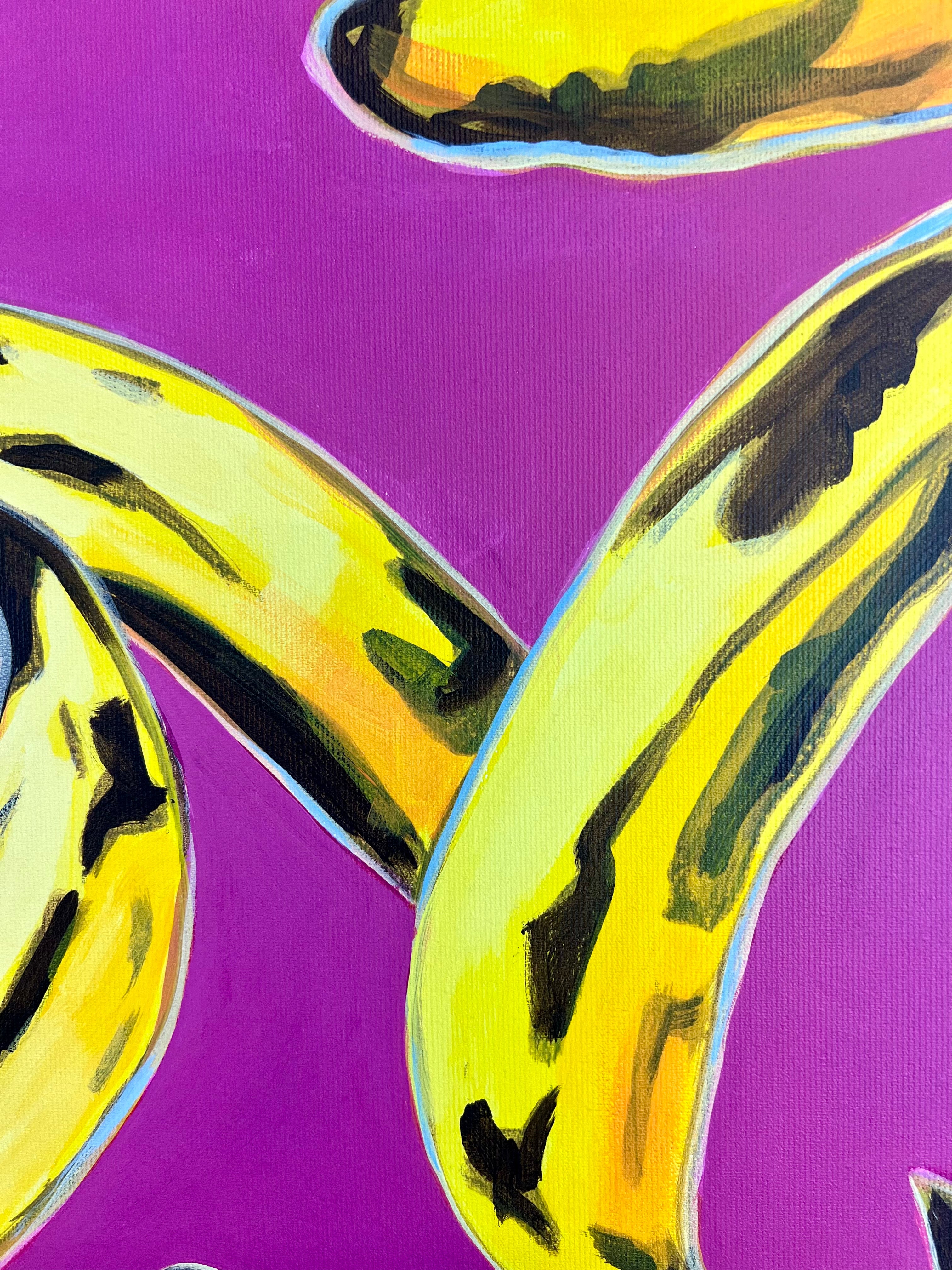 Pop Art 80x80cm Baby Meets Andy, Baby-Kuh Andy Warhol gelbe Bananen pink Hintergrund Velvet Underground, Kreativität Originalität, Baby Meets Serie, Acryl Leinwand Original Fredi Gertsch, Detailansicht Banane