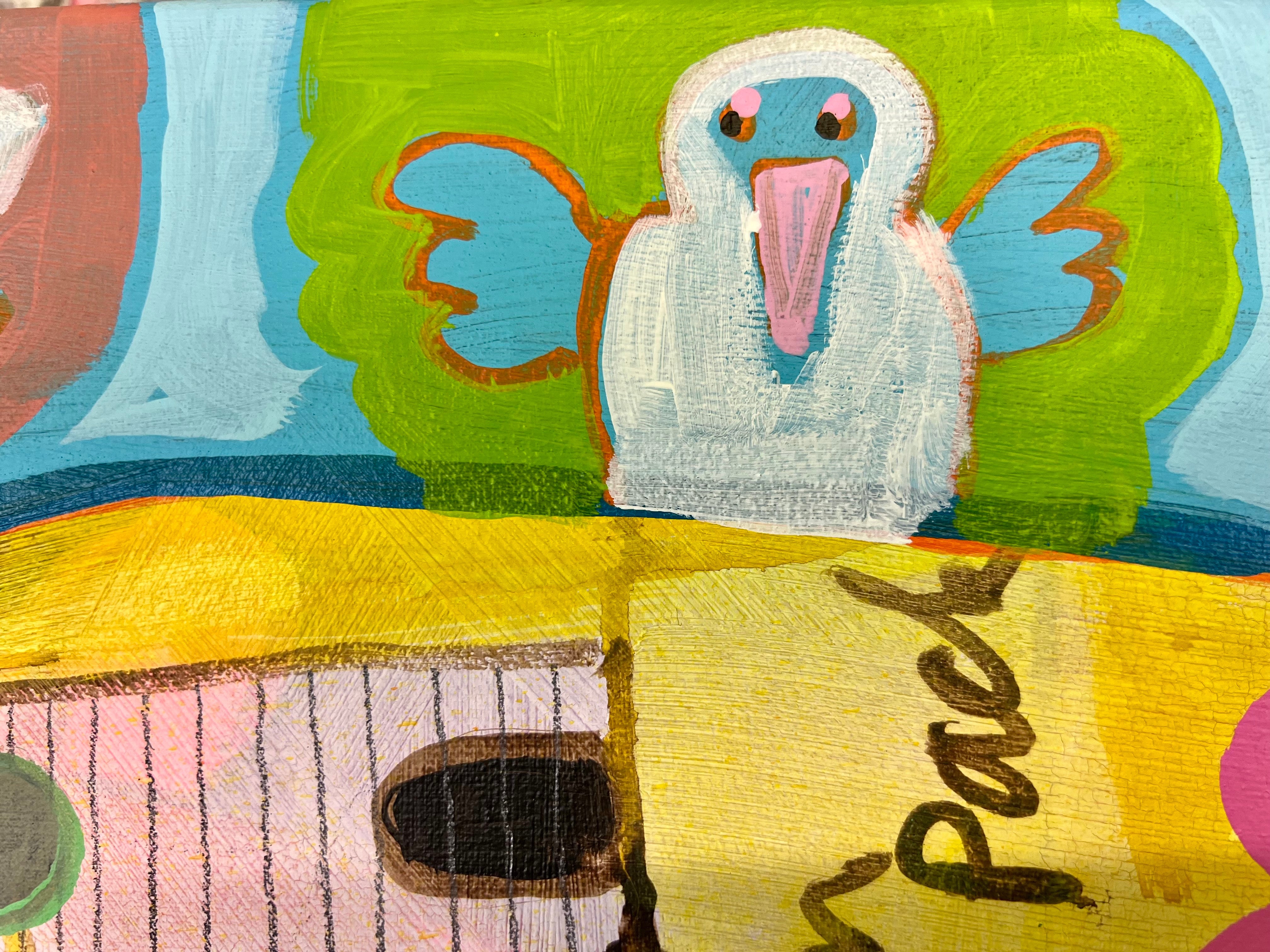 Pop Art Kuh 80x80cm Baby Diversity, Kuh Käfer Blumen Teetasse Biodiversity is the new Black, Biodiversität Natur, Acryl Leinwand Original Fredi Gertsch, Detailansicht Vogel