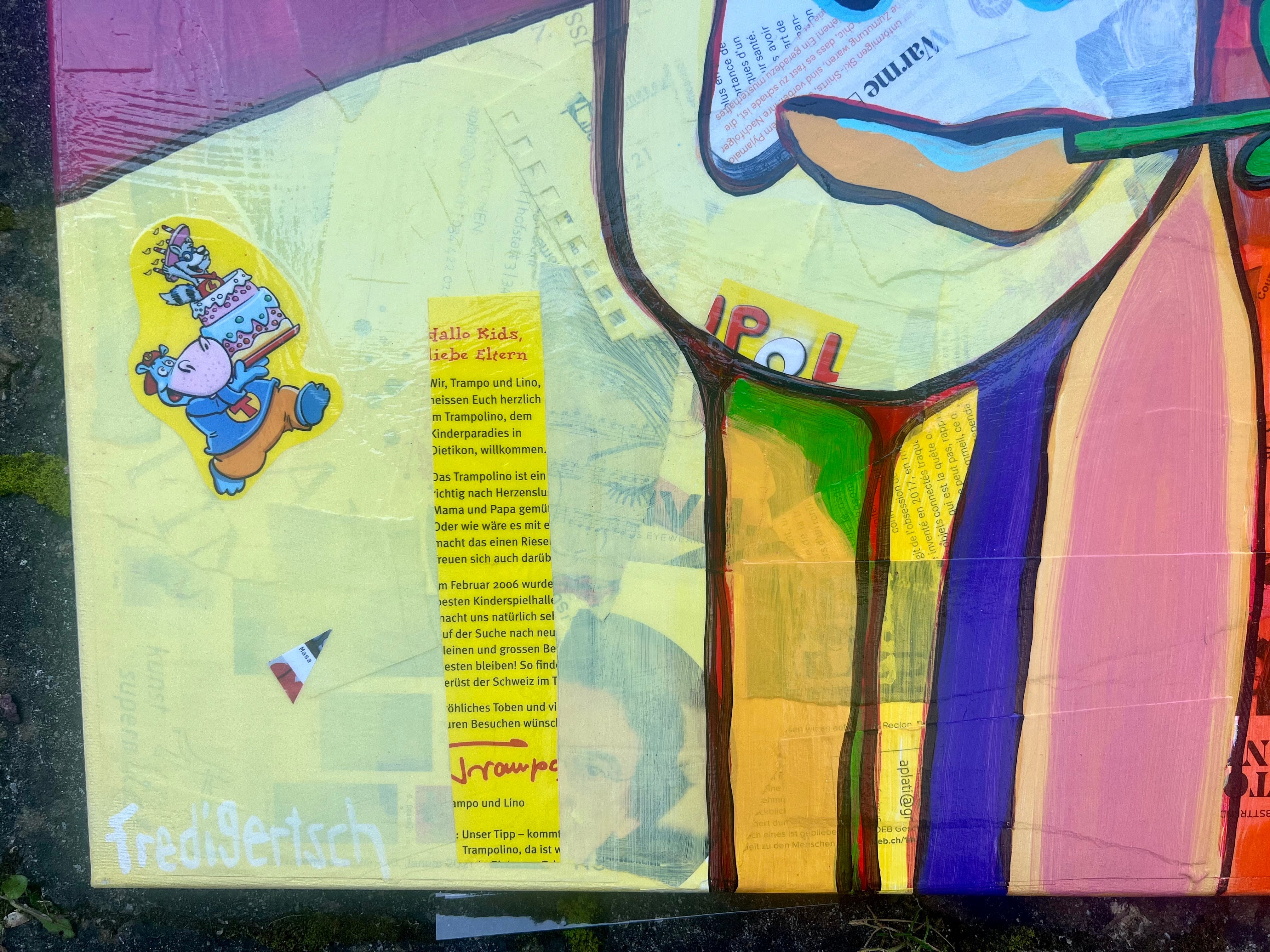 Pop Art 80x80cm Baby Meets Marilyn, Baby-Kuh Pop-Ikone Collage Comics Prospekte, Baby Meets Serie Humor, Mixed Media Leinwand Original Fredi Gertsch, Detailansicht Signatur