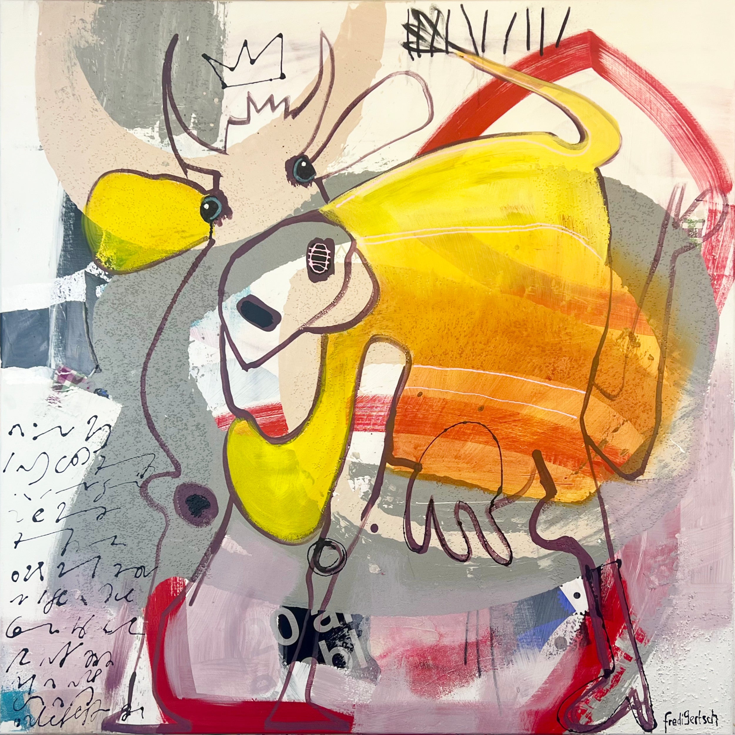Pop Art 100x100cm Hoppala, springende Kuh Stöckelschuhe Krone Stenografie Lebensfreude Selbstbewusstsein, tricky situation Serie, Mixed Media Leinwand Original Fredi Gertsch