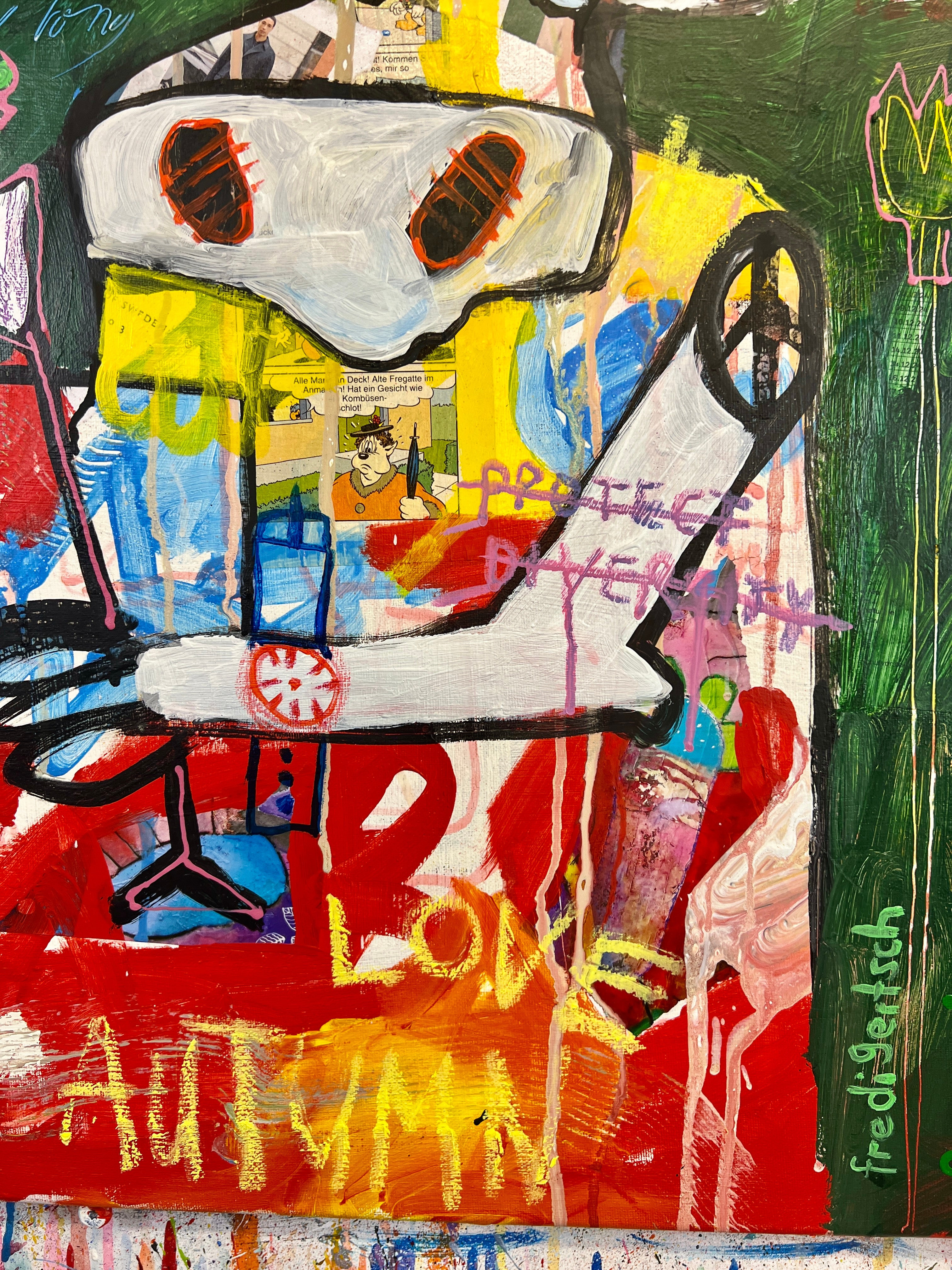 Pop Art Kühe 80x80cm Party Time, zwei Kühe zuprosten Basquiat Stil Street Art, Lebensfreude Herbstliebe, Mixed Media Leinwand Original Fredi Gertsch, Detailansicht Signatur