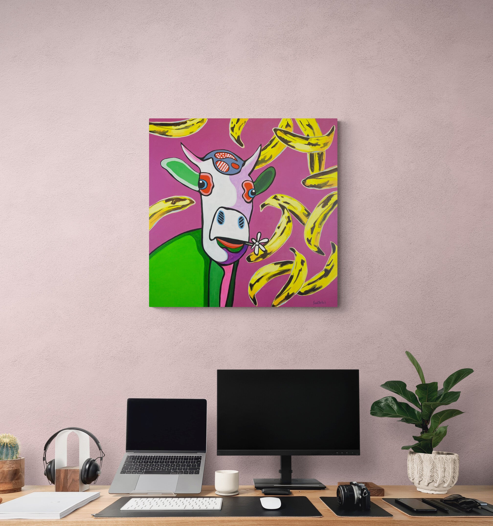 Pop Art 80x80cm Baby Meets Andy, Baby-Kuh Andy Warhol gelbe Bananen pink Hintergrund Velvet Underground, Kreativität Originalität, Baby Meets Serie, Acryl Leinwand Original Fredi Gertsch, in Home Office