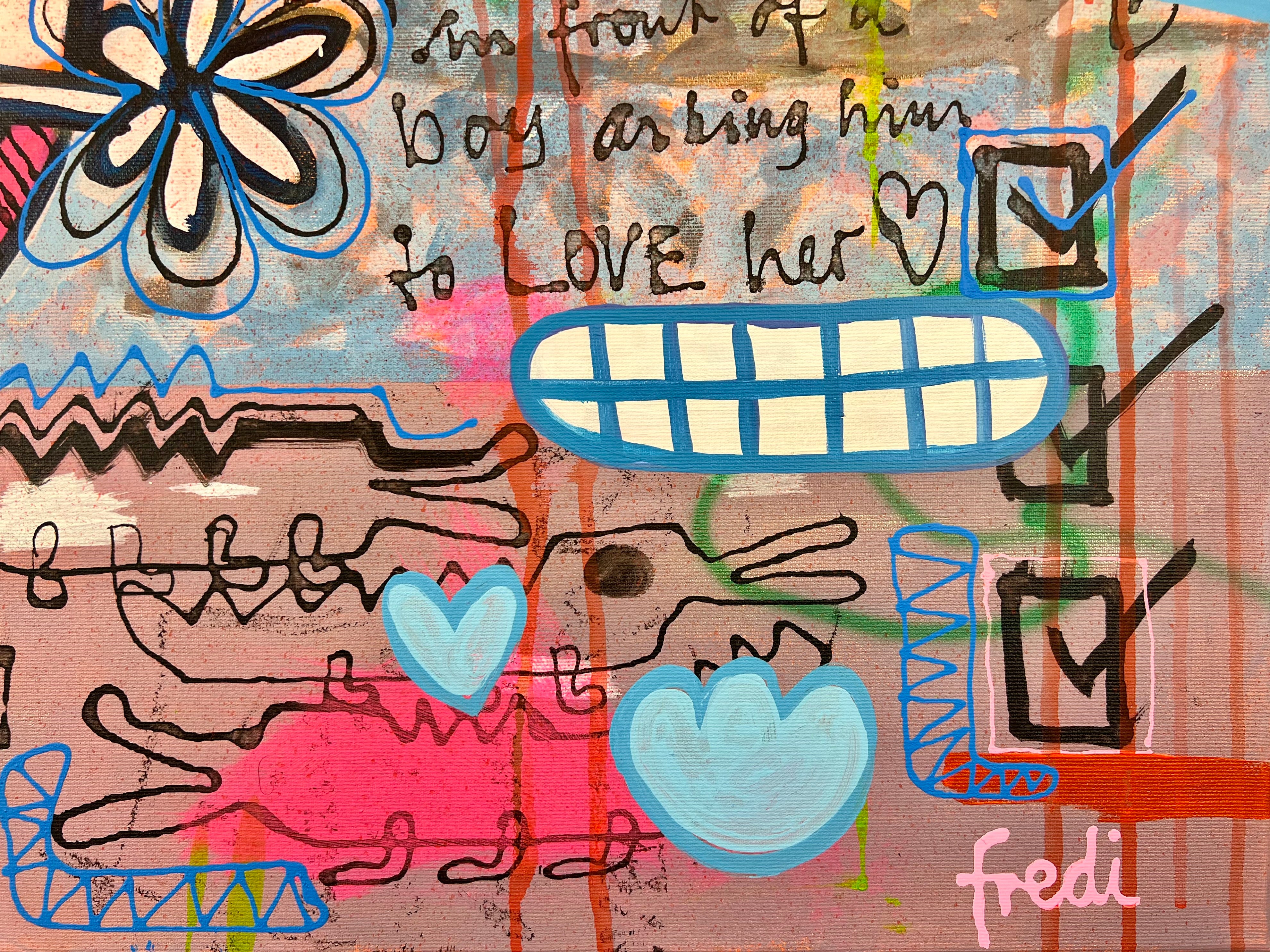 Pop Art 80x80cm Baby Meets Banksy, Baby-Kuh Street Art Gewimmel Banksy Mädchen Ballon Fische Herzen Symbole, Mut Liebe Individualität, Acryl Leinwand Original Fredi Gertsch, Detailansicht Krokodile und Signatur