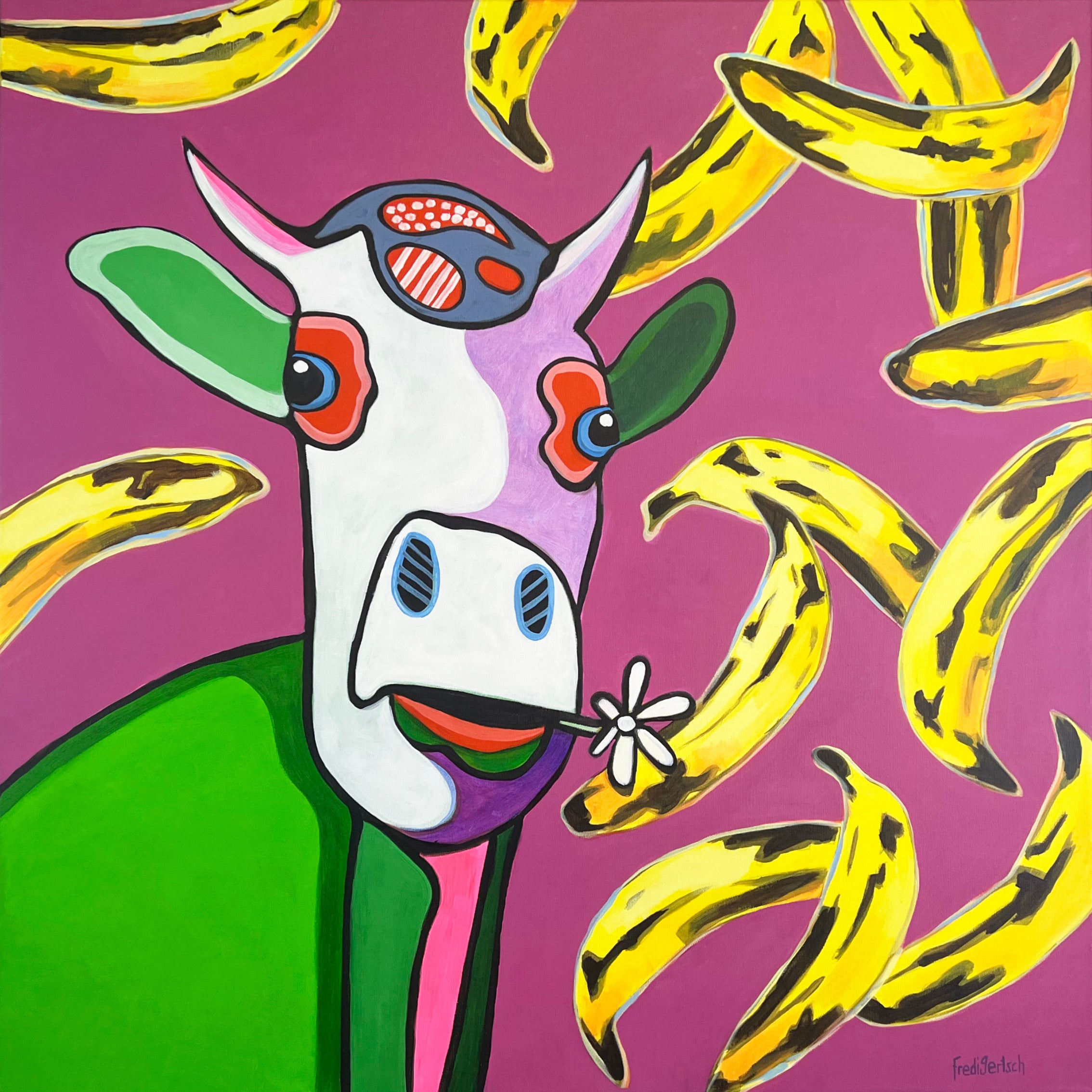 Pop Art 80x80cm Baby Meets Andy, Baby-Kuh Andy Warhol gelbe Bananen pink Hintergrund Velvet Underground, Kreativität Originalität, Baby Meets Serie, Acryl Leinwand Original Fredi Gertsch