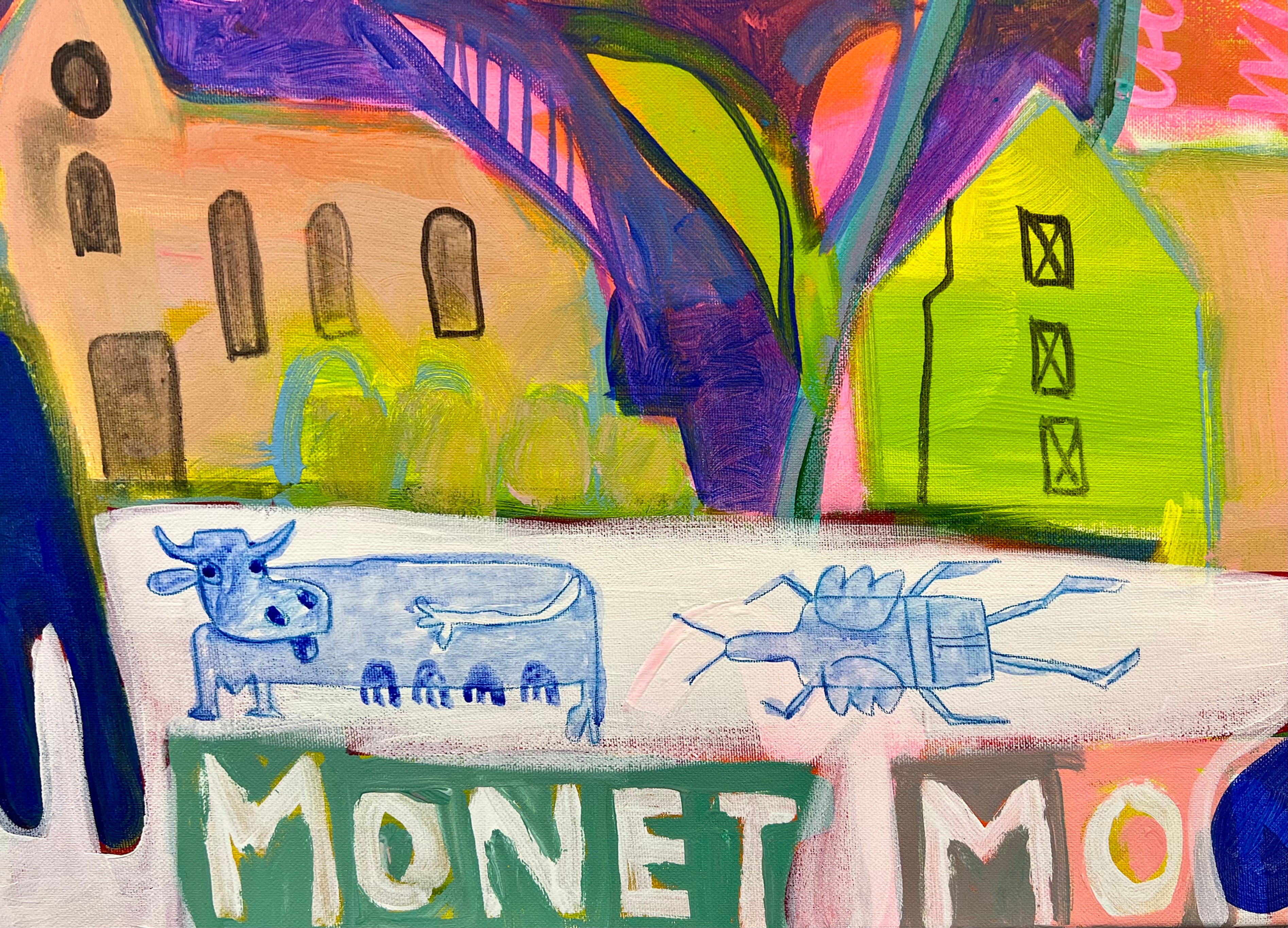 Pop Art Kuh 120x90cm Flower Power Baby, grosse Kuh Blumen blaue Insekten Biodiversität, Nachhaltigkeit Natur, Acryl Leinwand Original Fredi Gertsch, Detailansicht