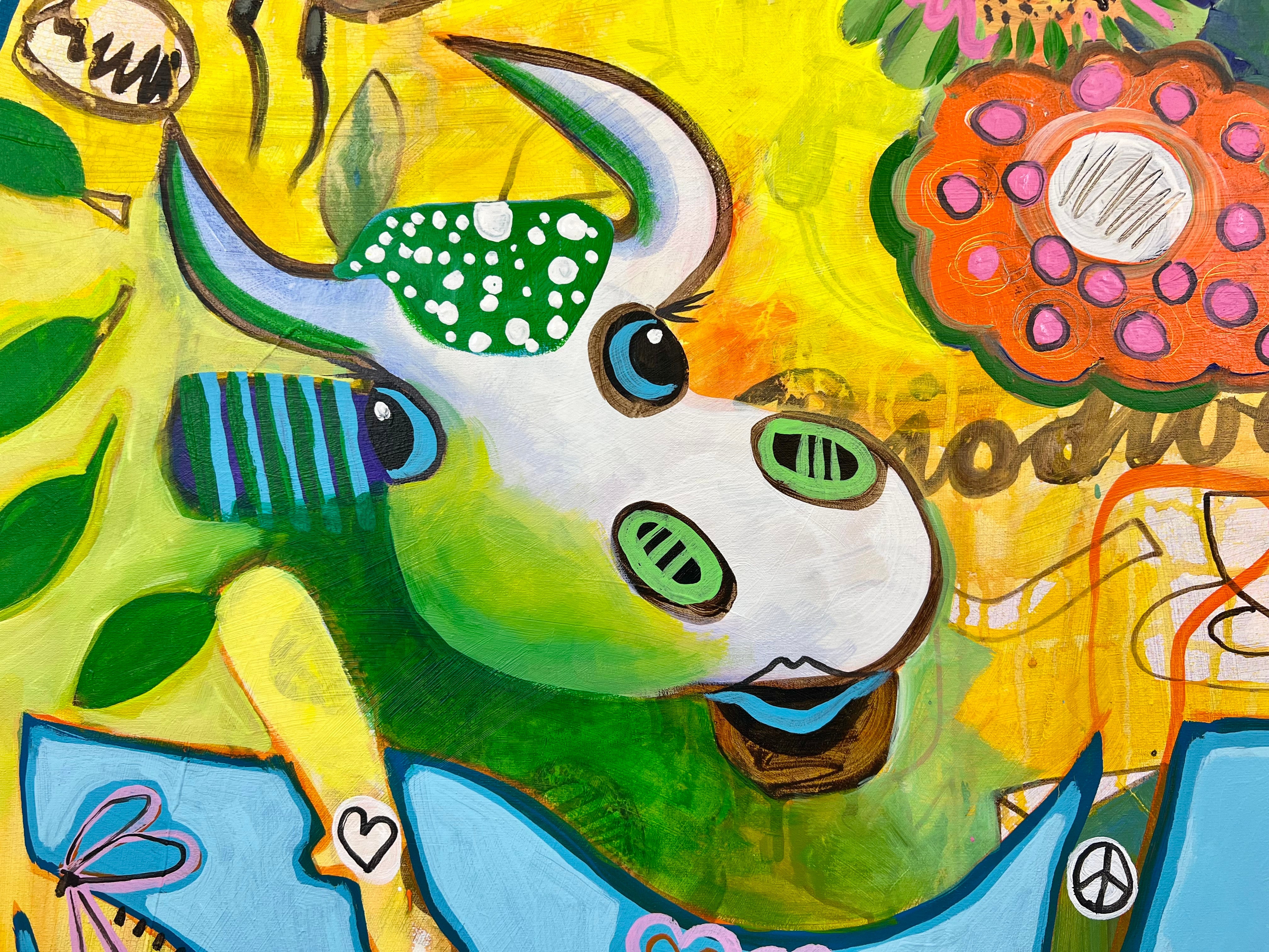 Pop Art Kuh 80x80cm Baby Diversity, Kuh Käfer Blumen Teetasse Biodiversity is the new Black, Biodiversität Natur, Acryl Leinwand Original Fredi Gertsch, Kuhkopf