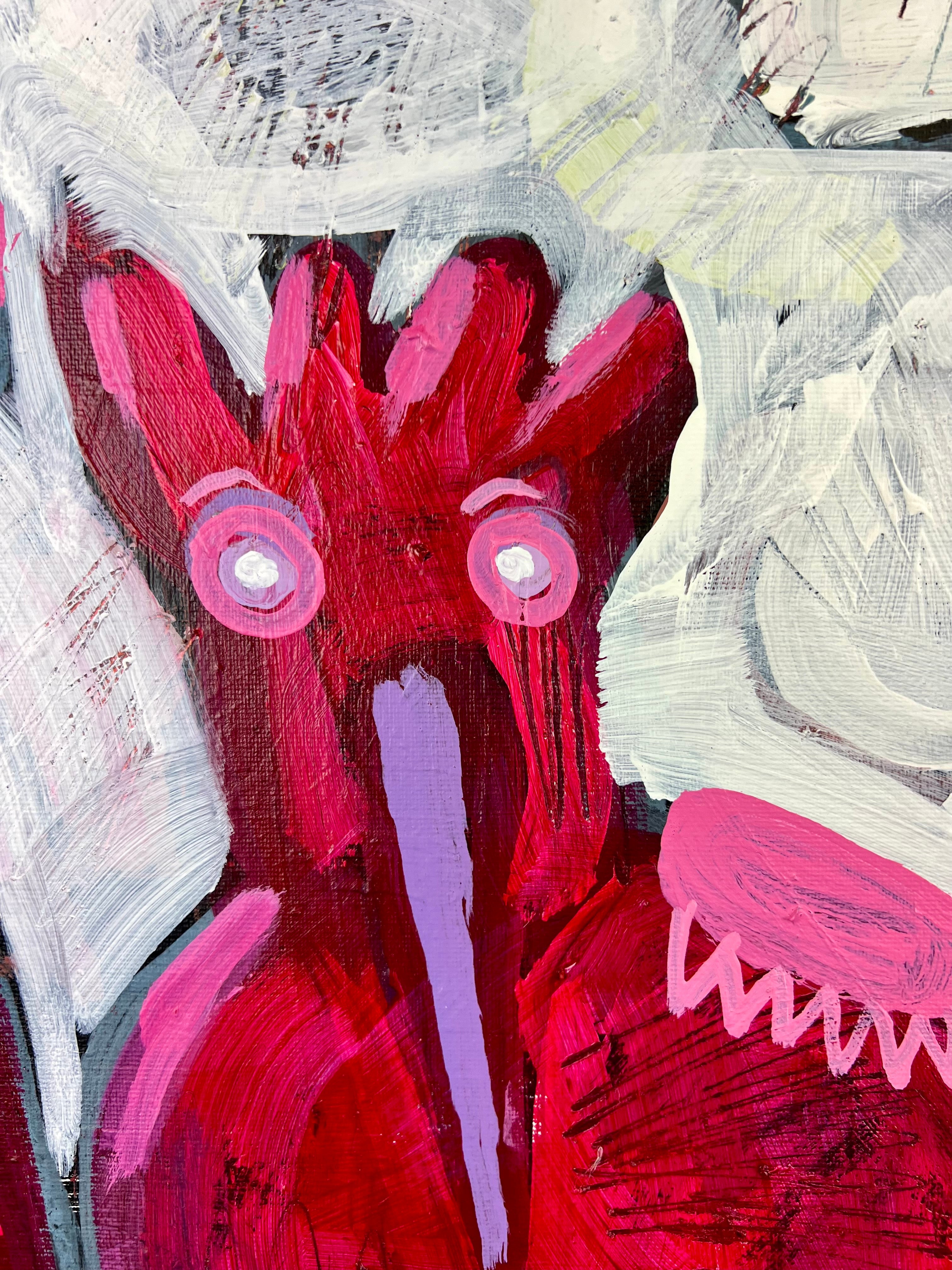 Pop Art 100x70cm Simply Red Cow, rote Kuh High Heels Vogel Achselpatten Hase weisser Hintergrund schwarze Sterne, Individualität Selbstbewusstsein, Acryl Leinwand Original Fredi Gertsch, Detailansicht Vogel