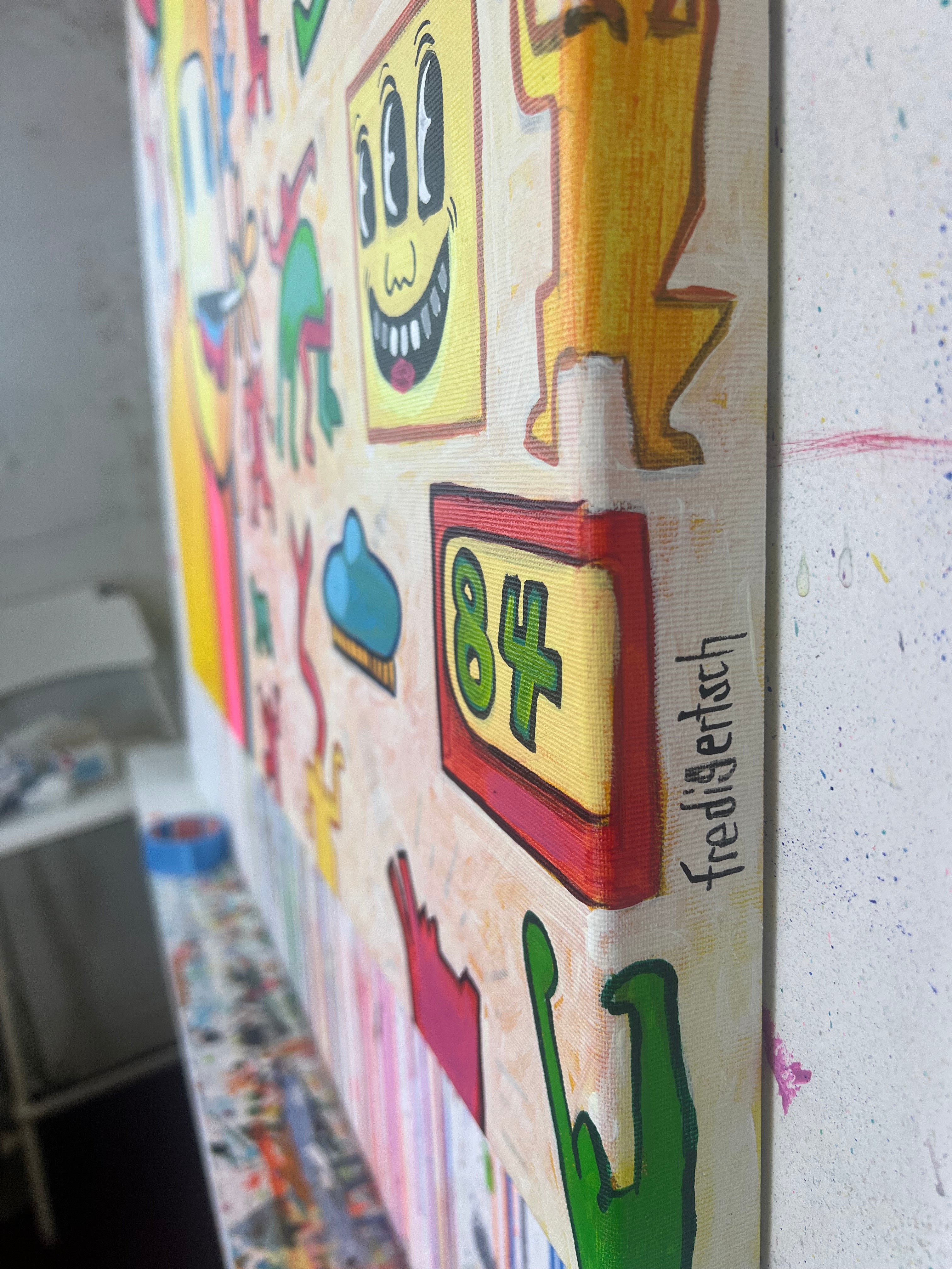 Pop Art 80x80cm Baby Meets Keith, Baby-Kuh Keith Haring tanzende Figuren dynamische Linien, Kreativität Lebensfreude Aktivismus, Baby Meets Serie, Acryl Leinwand Original Fredi Gertsch, Seitenansicht und Signatur