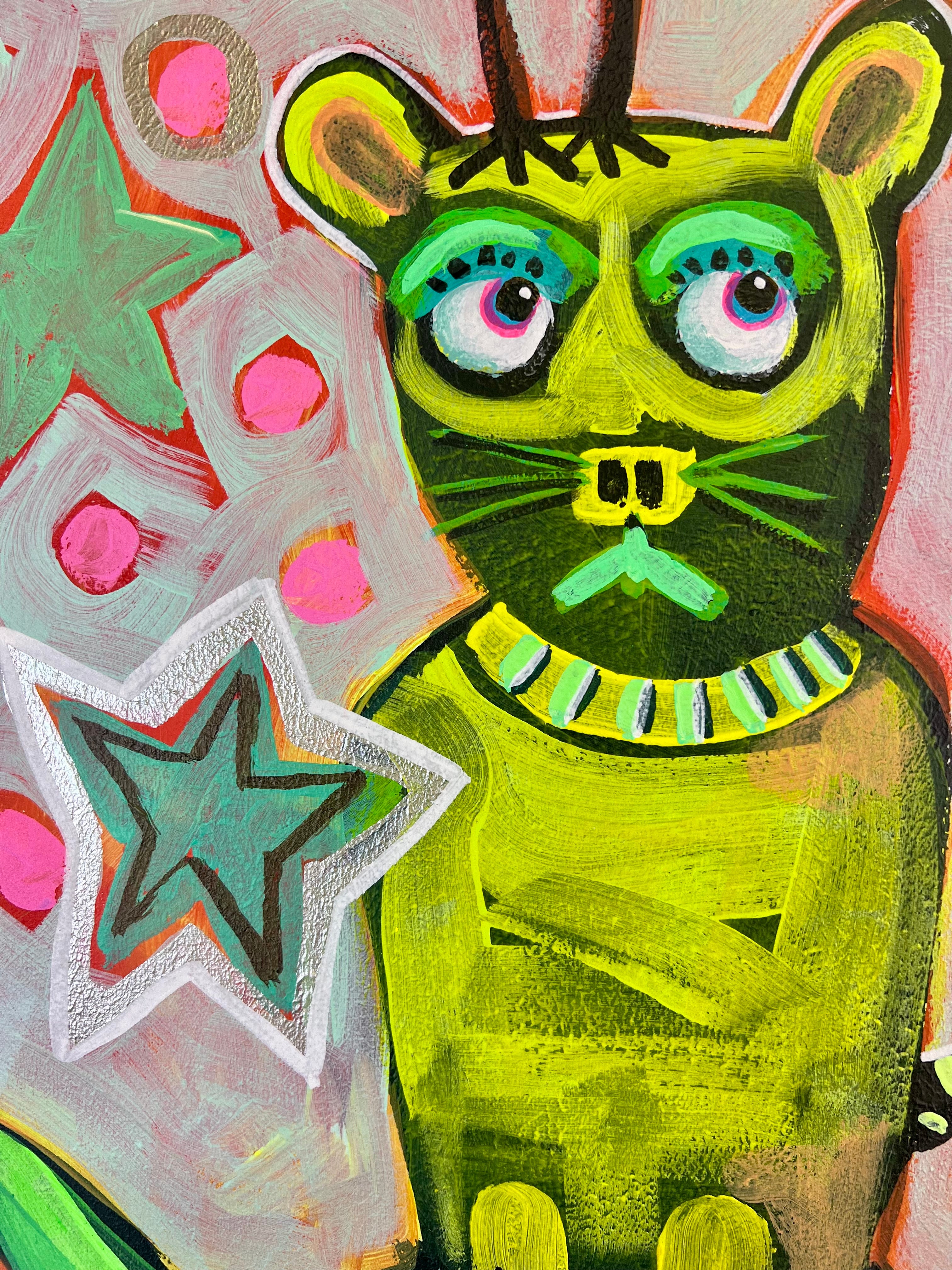 Pop Art 40x120cm Animal Harmony, Bremer Stadtmusikanten modern Kuh Krokodil Hase Katze Huhn Pyramide, Vielfalt Zusammenhalt Gemeinschaft, Acryl Leinwand Original Fredi Gertsch, Detailansicht iger