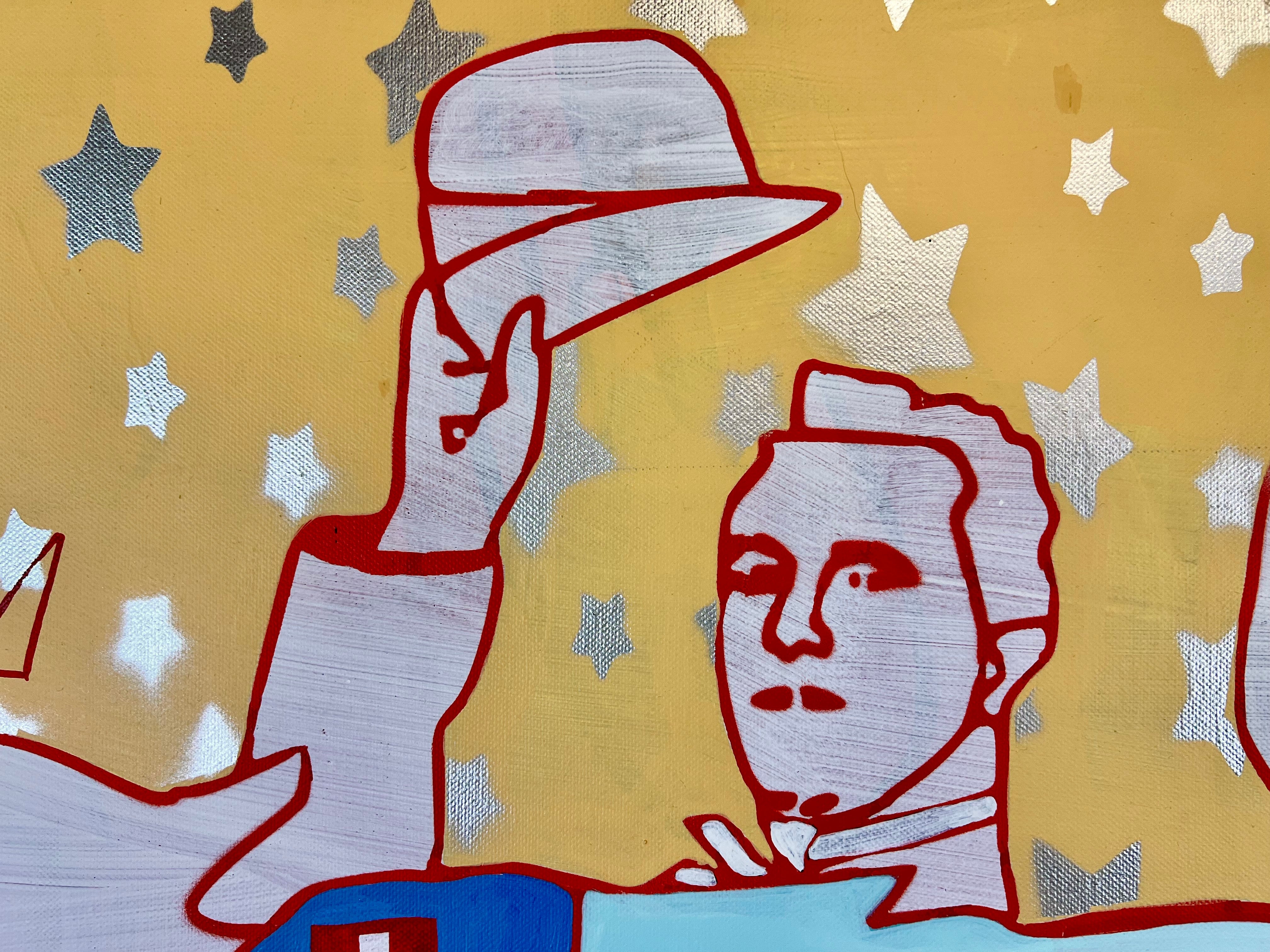 IPop Art 120x100cm A Star is Born, Kuh Charlie Chaplin Laurel Hardy Sternenhimmel Nostalgie Kreativität Lebensfreude, Hollywood Legends Serie, Acryl Leinwand Original Fredi Gertsch, Detailansicht Stan mit Hut