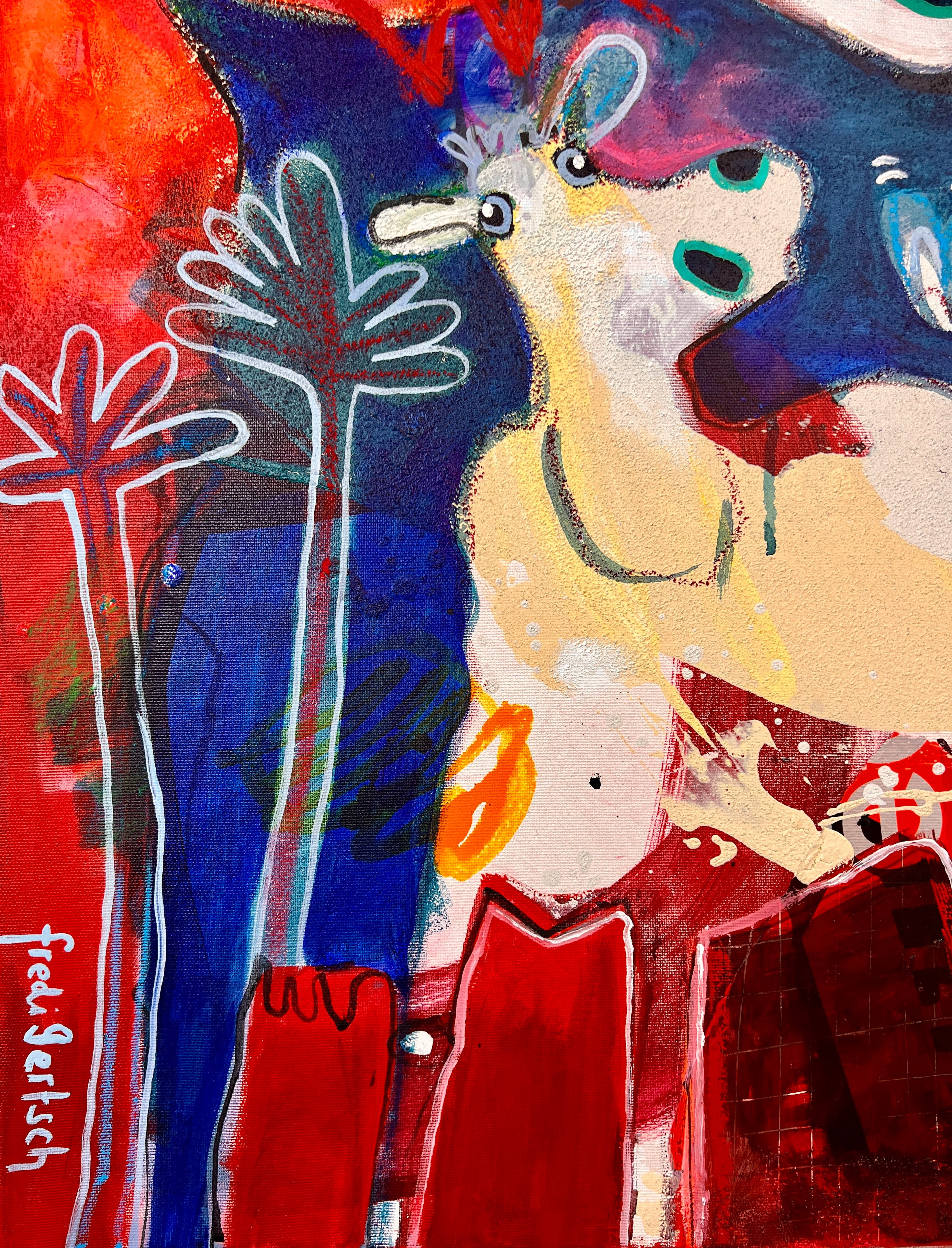 Pop Art Kuh 80x80cm We are family, Mutterkuh Kälbchen zwei Hühner Dorf, Familie Geborgenheit Zusammenhalt, Mixed Media Leinwand Original Fredi Gertsch, Detailansicht Kälbchen