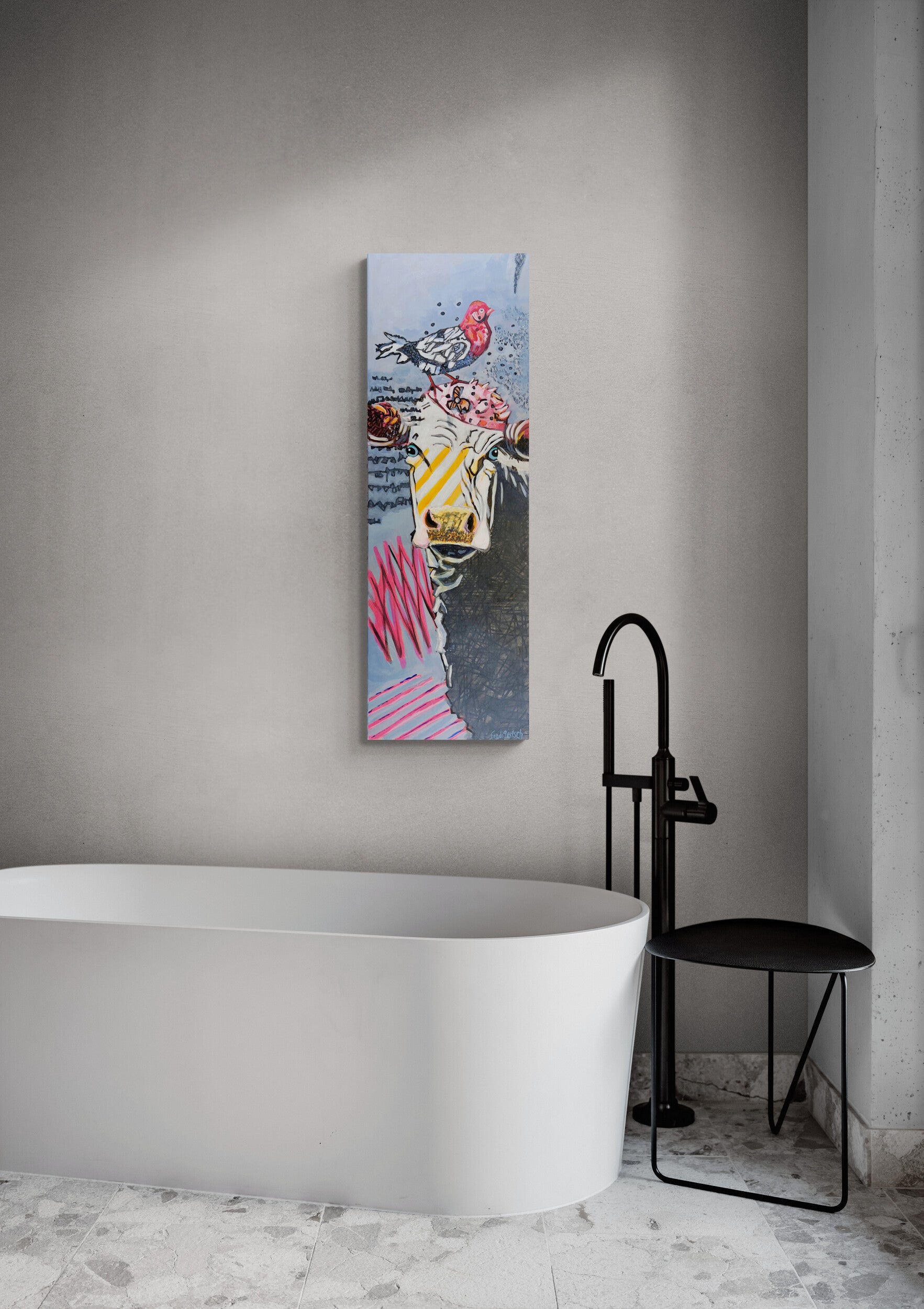 Street Art 40x120cm Baby Bird, Kuh Mütze Vogel schriftähnliche Zeichen Kreativität Individualität urbaner Charme, Acryl Leinwand Original Fredi Gertsch, in Badezimmer