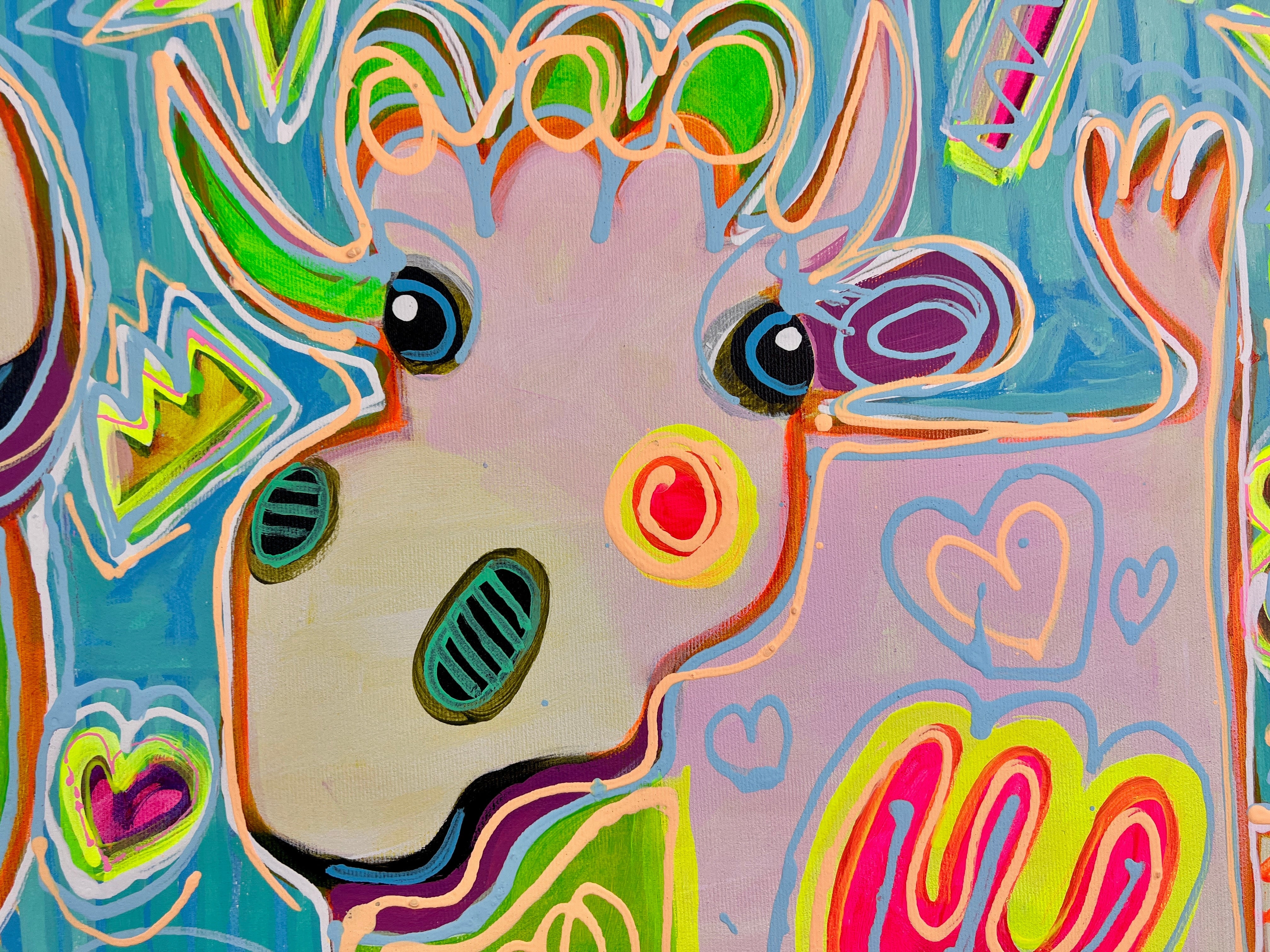 Pop Art Kühe 90x90cm Sugar Candy, zwei Kühe High Heels Süssigkeiten Schleckstengel Herzen, Humor Lebensfreude, Acryl Leinwand Original Fredi Gertsch, Detailansicht Kuh rechts