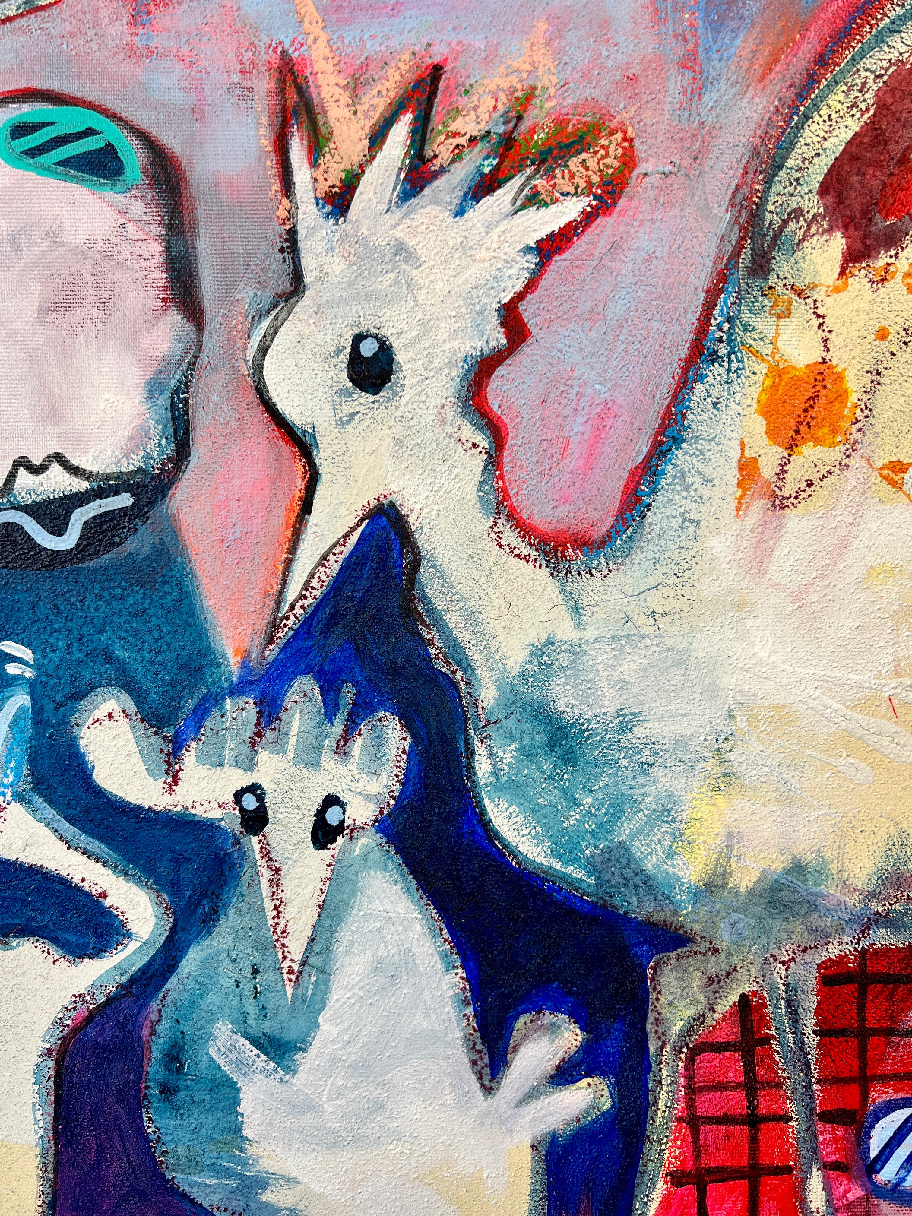 Pop Art Kuh 80x80cm We are family, Mutterkuh Kälbchen zwei Hühner Dorf, Familie Geborgenheit Zusammenhalt, Mixed Media Leinwand Original Fredi Gertsch, Detailansicht Hühner