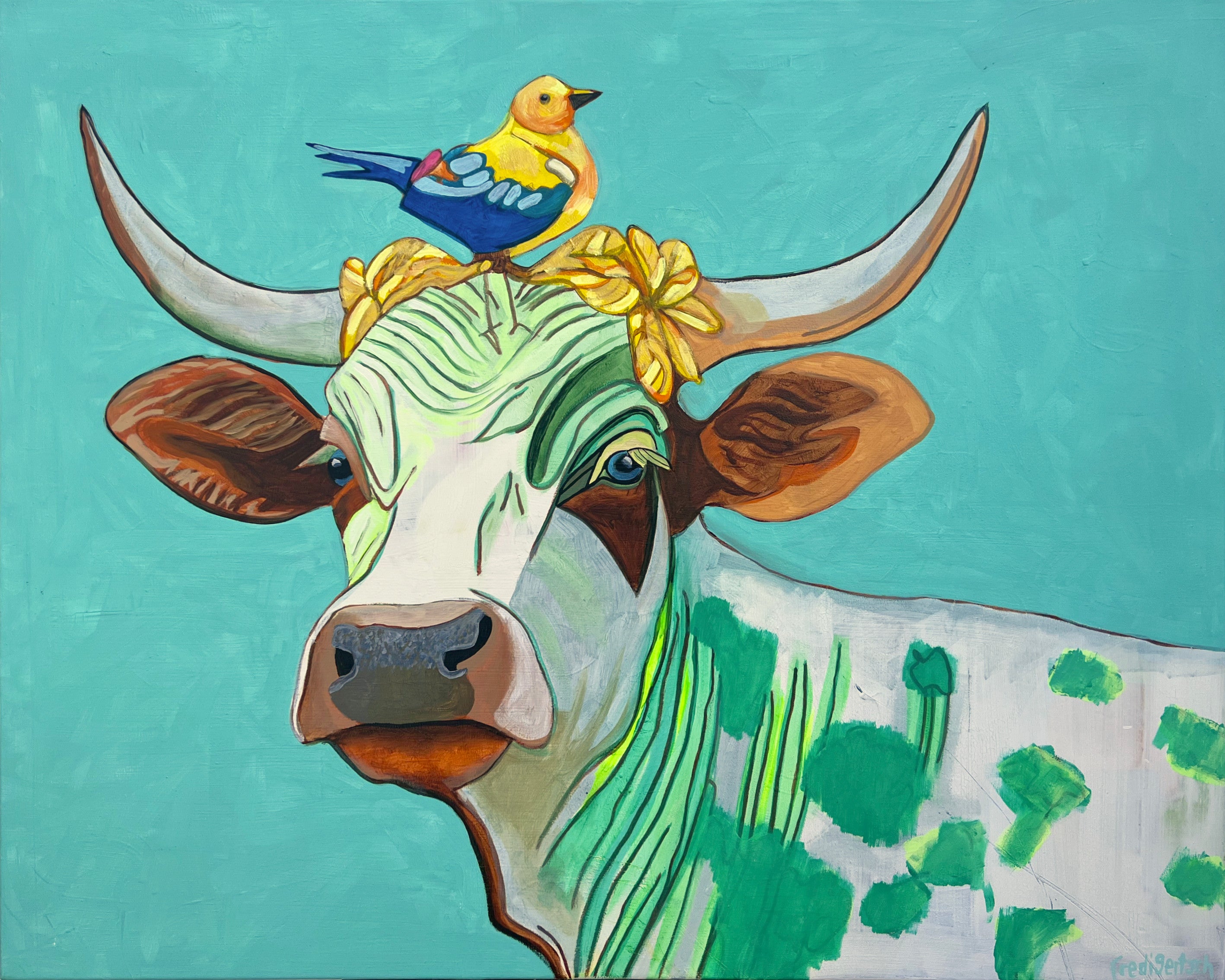 Pop Art 100x80cm Serena, majestätische Kuh Vogel Kopf Serena Williams Stärke Eleganz Willensstärke, Acryl Leinwand Original Fredi Gertsch