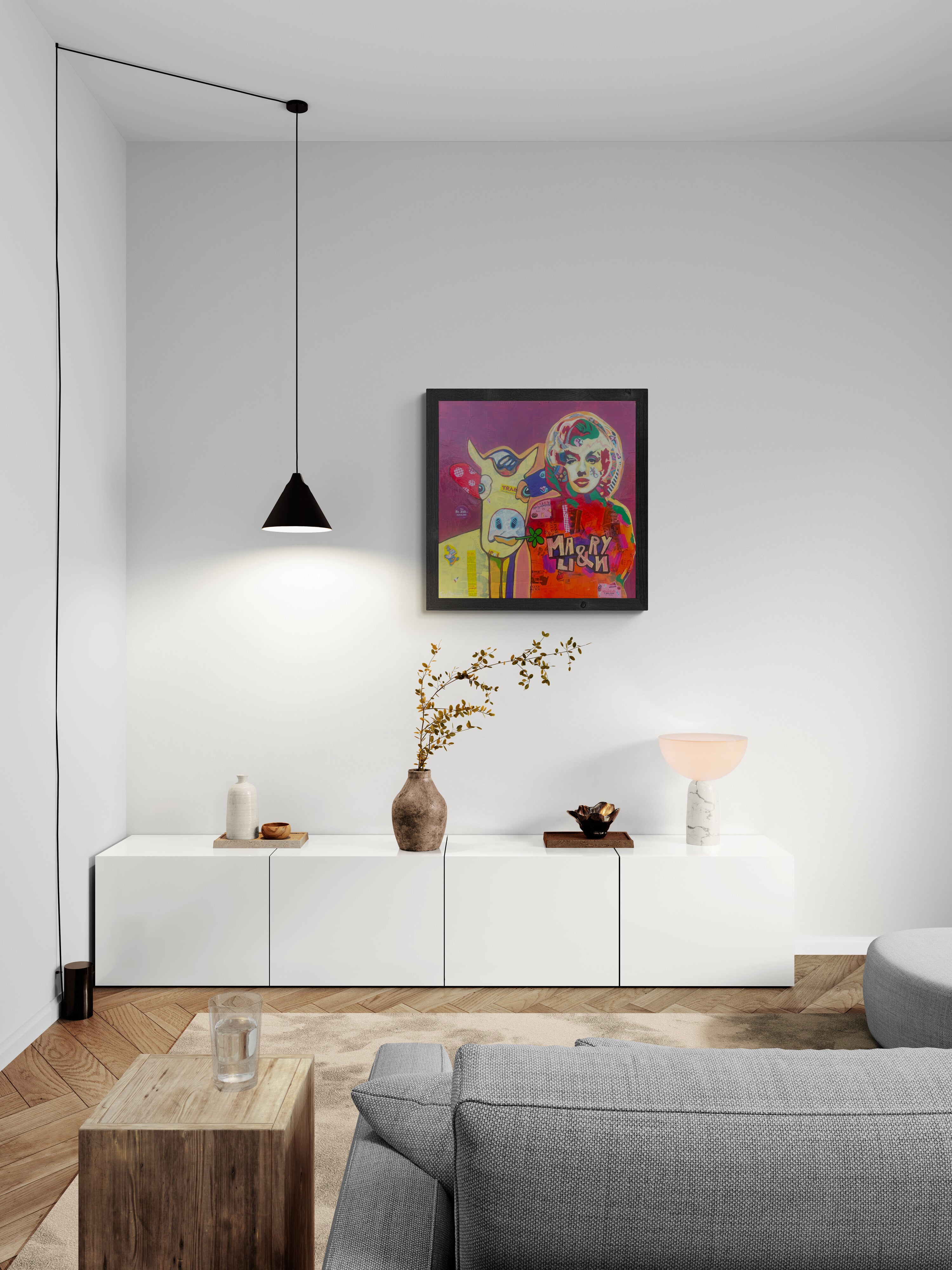 Pop Art 80x80cm Baby Meets Marilyn, Baby-Kuh Pop-Ikone Collage Comics Prospekte, Baby Meets Serie Humor, Mixed Media Leinwand Original Fredi Gertsch, in Wohnraum über Sideboard