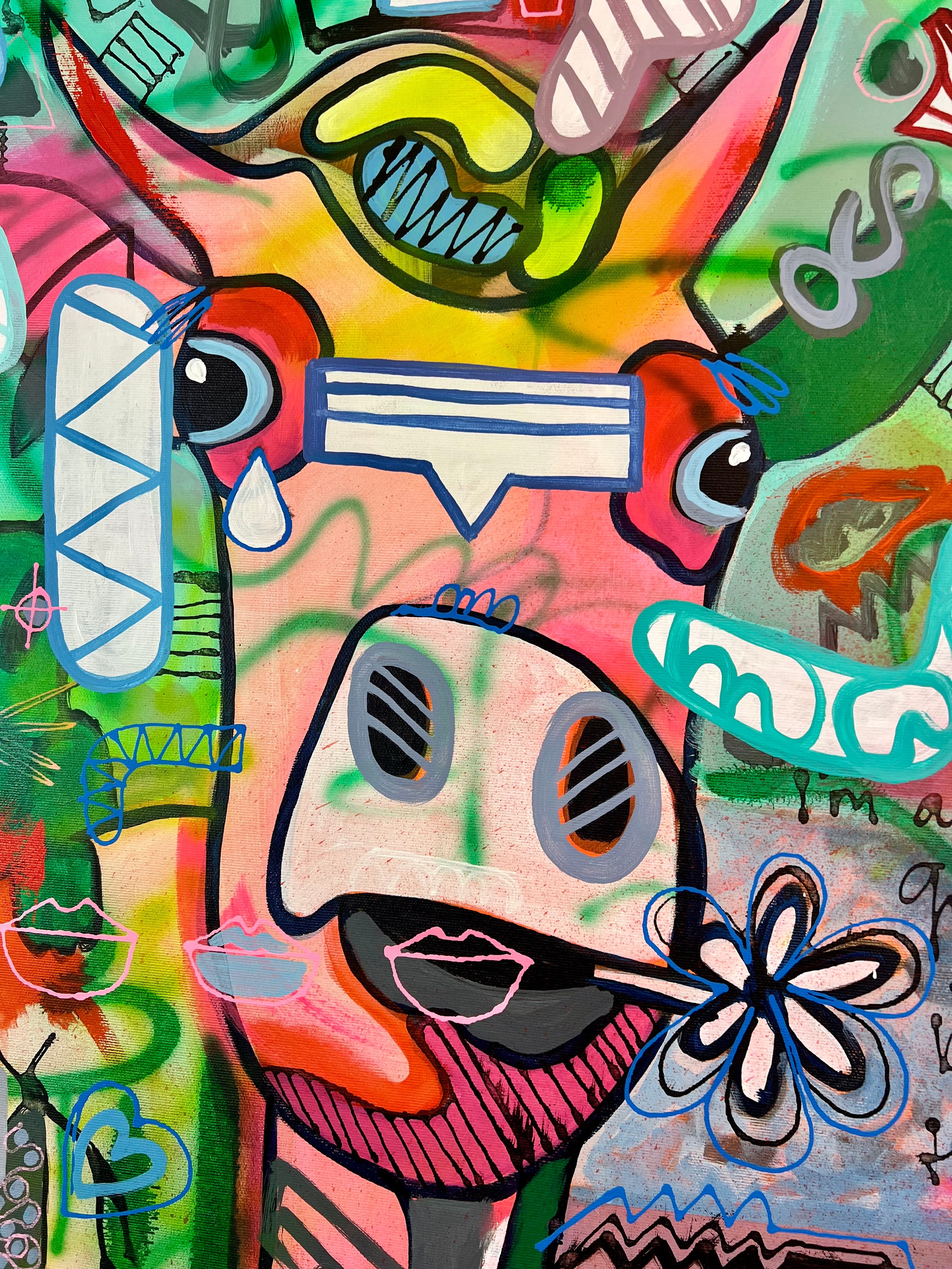 Pop Art 80x80cm Baby Meets Banksy, Baby-Kuh Street Art Gewimmel Banksy Mädchen Ballon Fische Herzen Symbole, Mut Liebe Individualität, Acryl Leinwand Original Fredi Gertsch, Detailansicht Kopf mit Blume im Mund