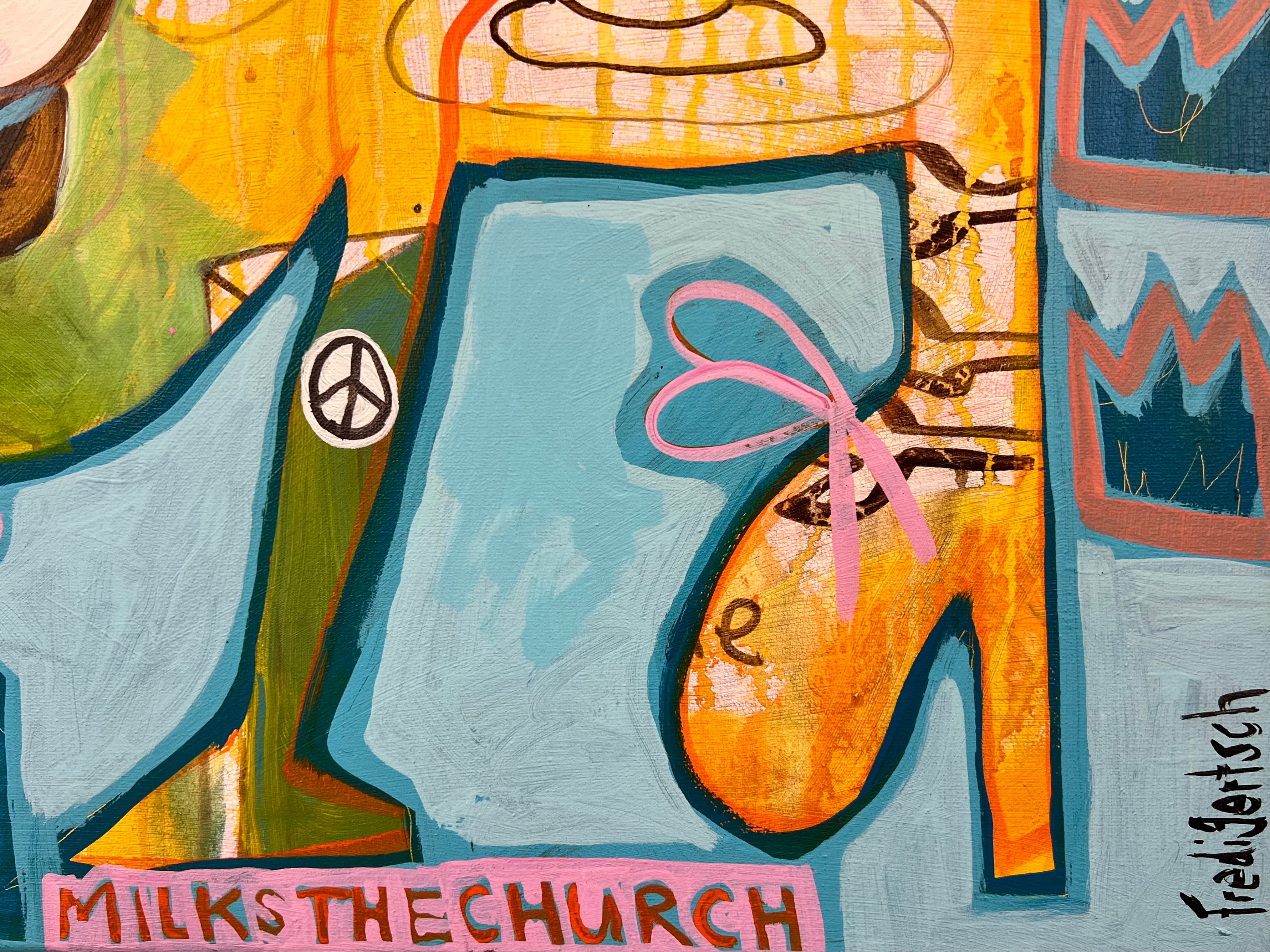 Pop Art Kuh 80x80cm Baby Diversity, Kuh Käfer Blumen Teetasse Biodiversity is the new Black, Biodiversität Natur, Acryl Leinwand Original Fredi Gertsch, Detailansicht Signatur