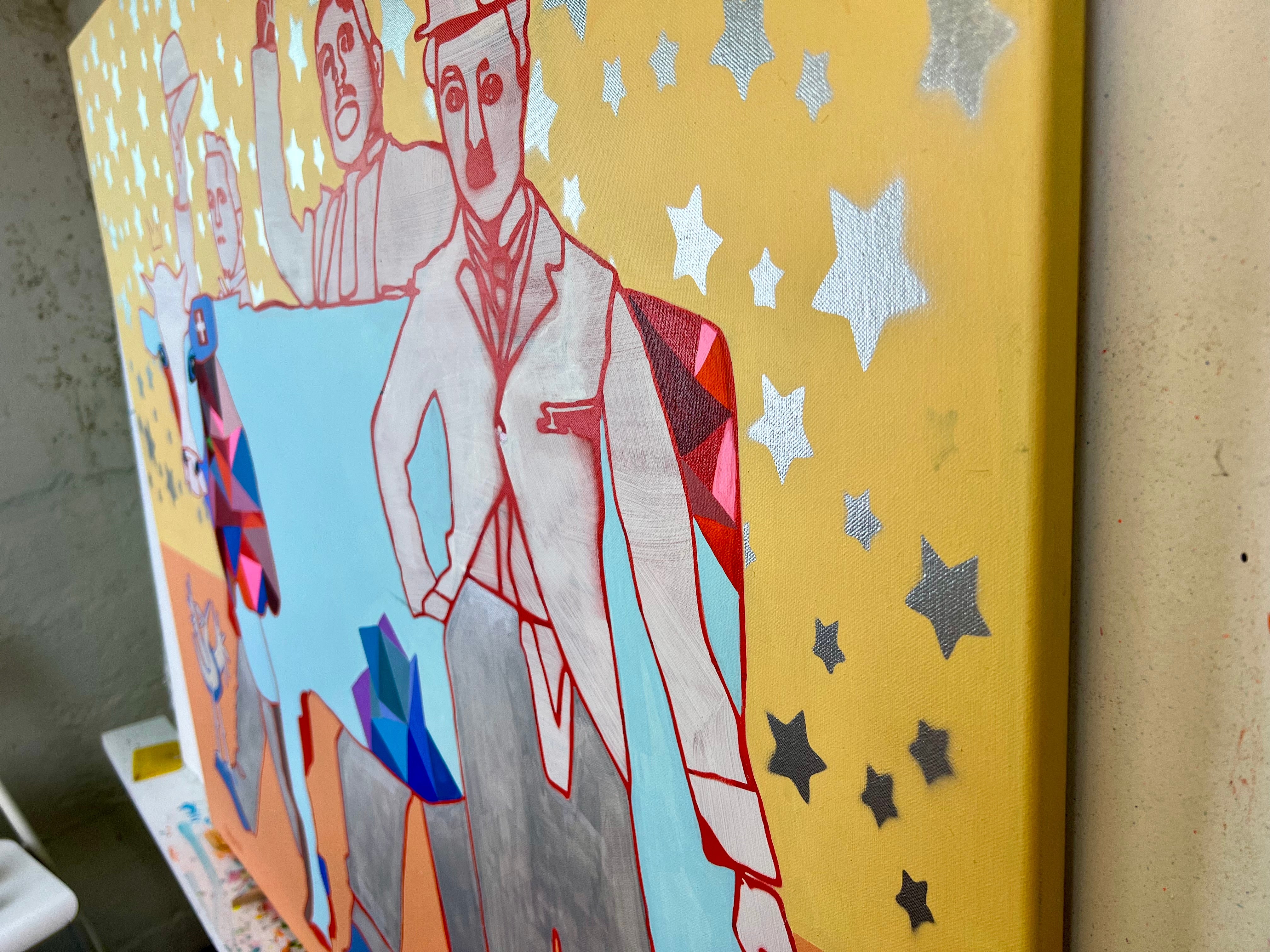 Pop Art 120x100cm A Star is Born, Kuh Charlie Chaplin Laurel Hardy Sternenhimmel Nostalgie Kreativität Lebensfreude, Hollywood Legends Serie, Acryl Leinwand Original Fredi Gertsch, Seitenansicht