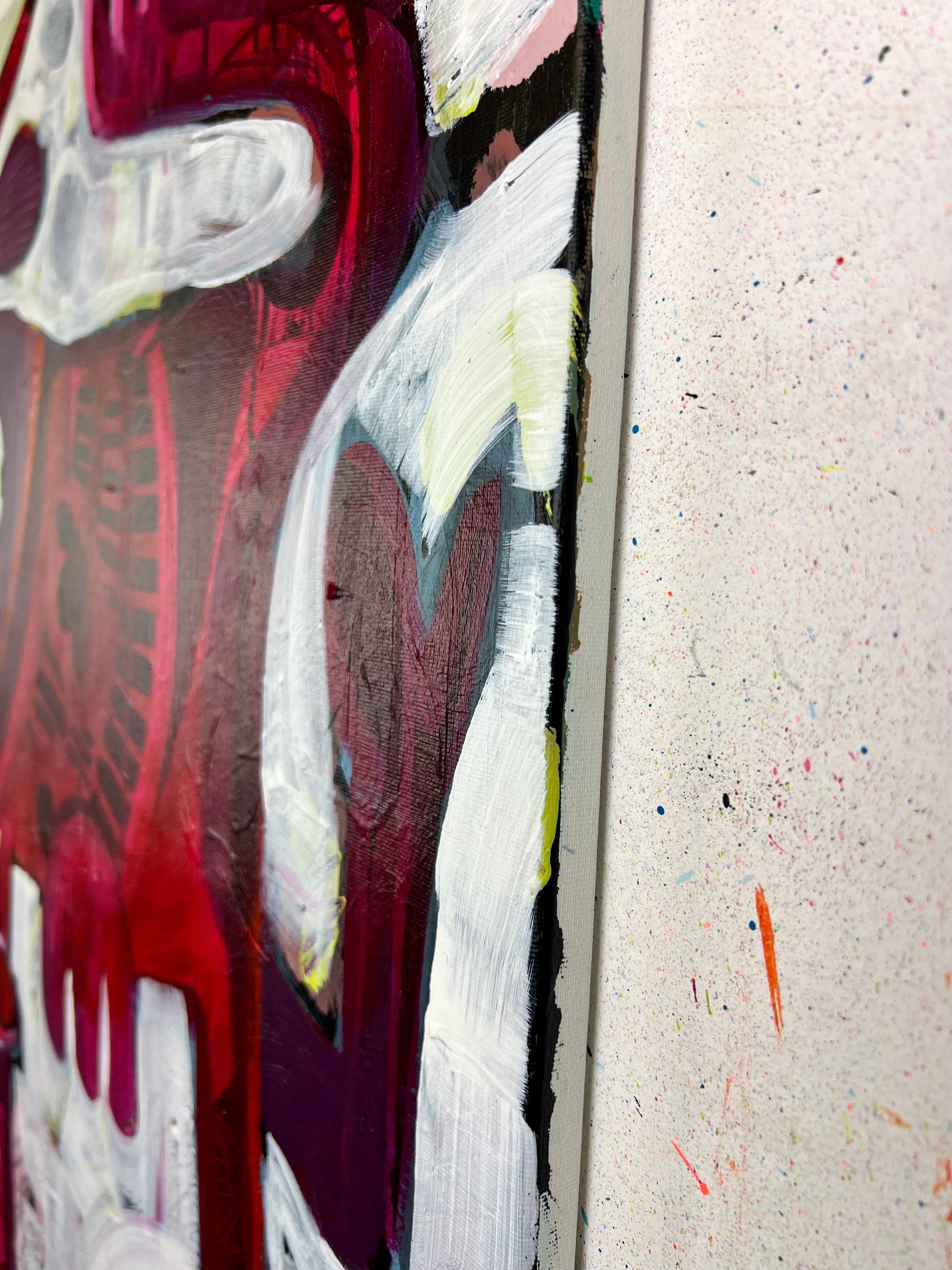 Pop Art 100x70cm Simply Red Cow, rote Kuh High Heels Vogel Achselpatten Hase weisser Hintergrund schwarze Sterne, Individualität Selbstbewusstsein, Acryl Leinwand Original Fredi Gertsch, Seitenansicht