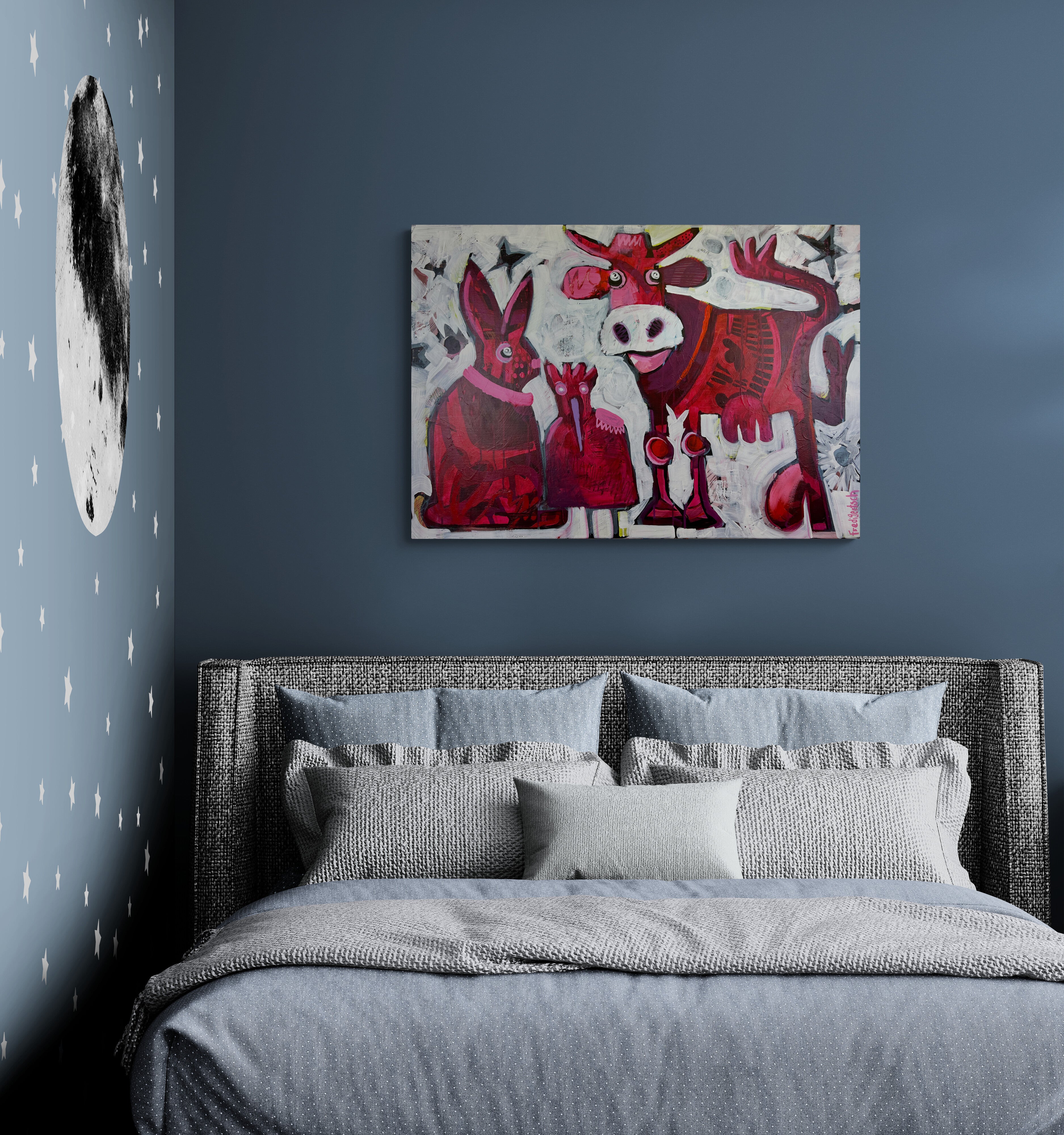 Pop Art 100x70cm Simply Red Cow, rote Kuh High Heels Vogel Achselpatten Hase weisser Hintergrund schwarze Sterne, Individualität Selbstbewusstsein, Acryl Leinwand Original Fredi Gertsch, in Schlafzimmer über Bett