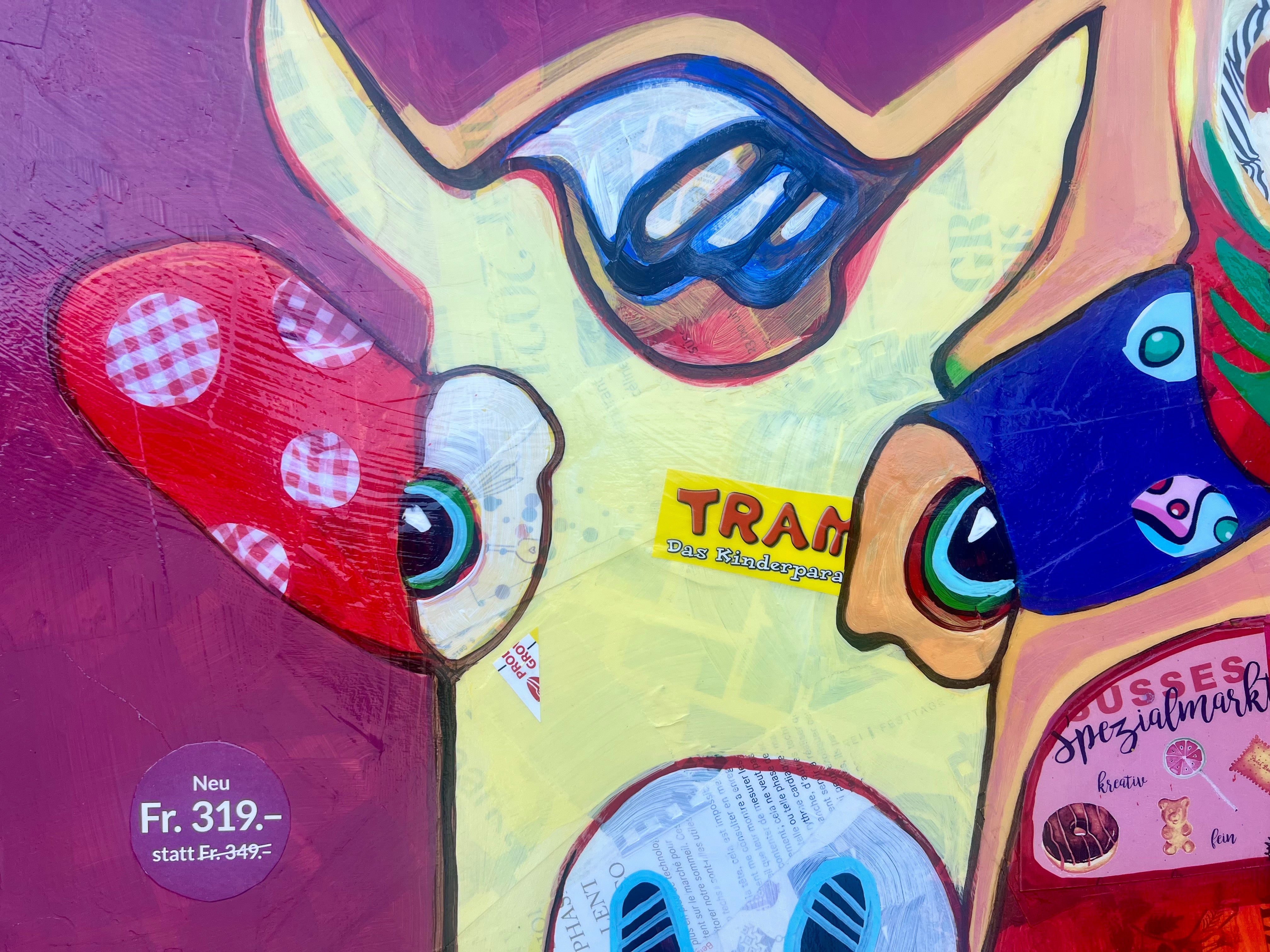 Pop Art 80x80cm Baby Meets Marilyn, Baby-Kuh Pop-Ikone Collage Comics Prospekte, Baby Meets Serie Humor, Mixed Media Leinwand Original Fredi Gertsch, Detailansicht Augen