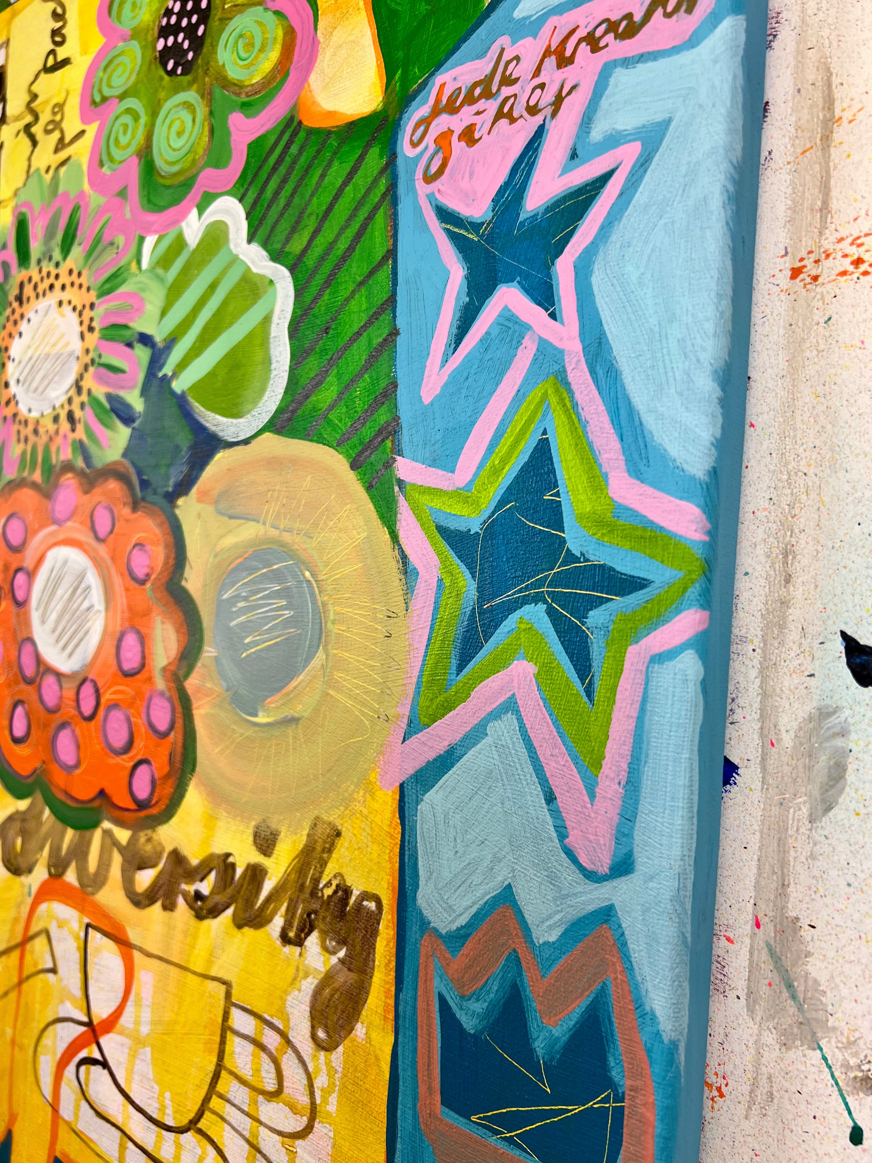 Pop Art Kuh 80x80cm Baby Diversity, Kuh Käfer Blumen Teetasse Biodiversity is the new Black, Biodiversität Natur, Acryl Leinwand Original Fredi Gertsch, Seitenansicht