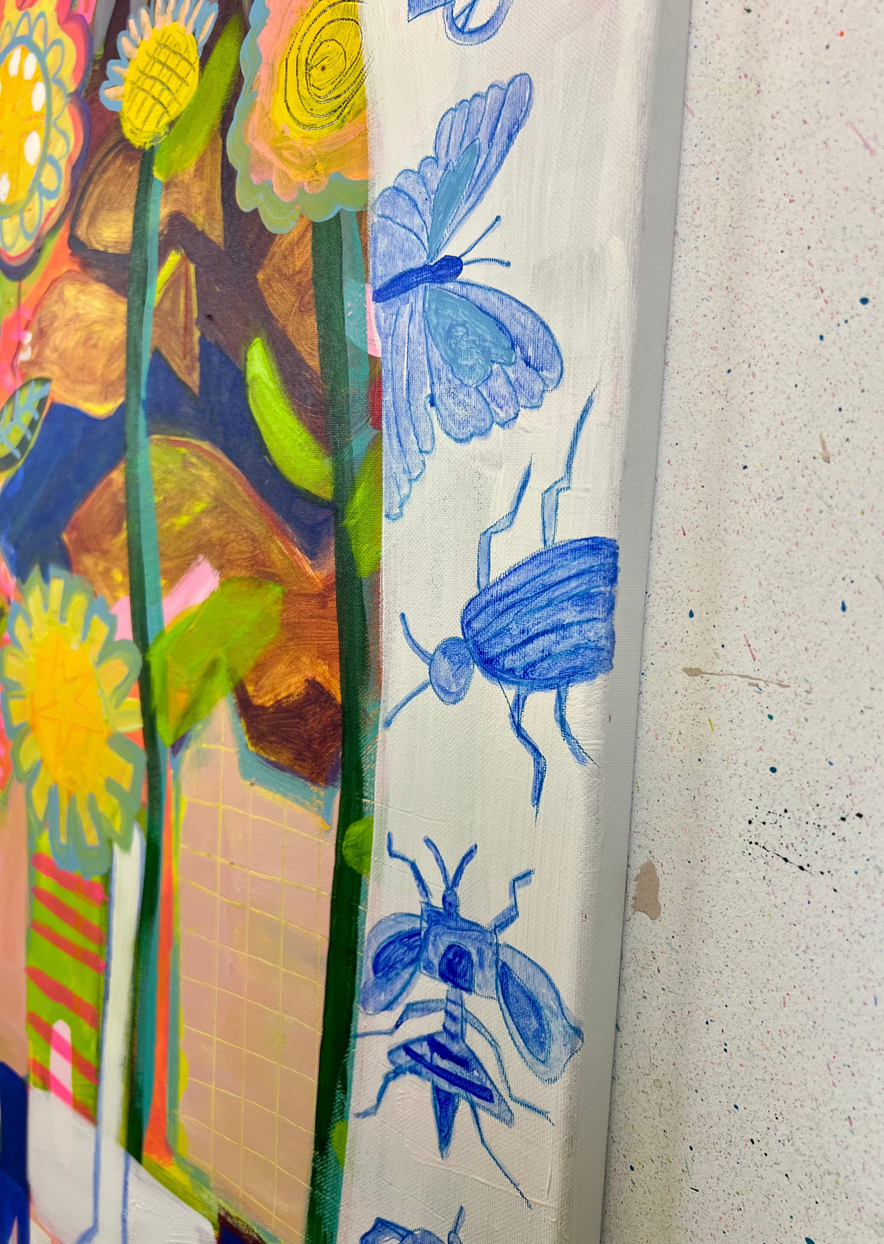 Pop Art Kuh 120x90cm Flower Power Baby, grosse Kuh Blumen blaue Insekten Biodiversität, Nachhaltigkeit Natur, Acryl Leinwand Original Fredi Gertsch, Seitenansicht