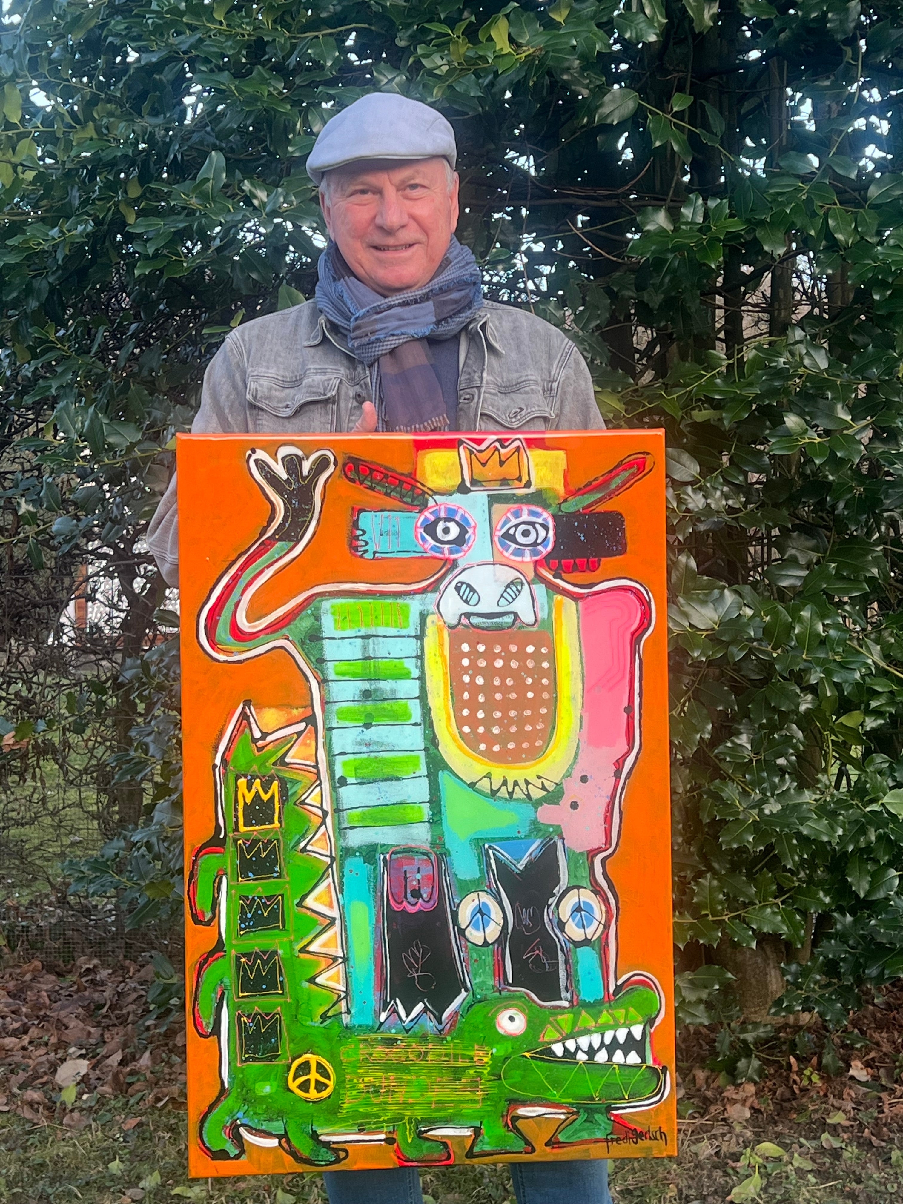 Street Art 60x90cm Crocodile Dundee, gekrönte Kuh Krokodil fünf Kronen Stärke Mut, Wild Royals Serie, Acryl Acrylharz Leinwand Original Fredi Gertsch, Präsentation durch den Künstler