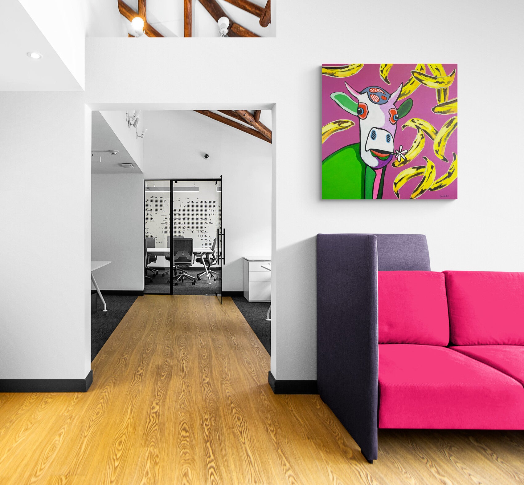 Pop Art 80x80cm Baby Meets Andy, Baby-Kuh Andy Warhol gelbe Bananen pink Hintergrund Velvet Underground, Kreativität Originalität, Baby Meets Serie, Acryl Leinwand Original Fredi Gertsch, in Wohnraum