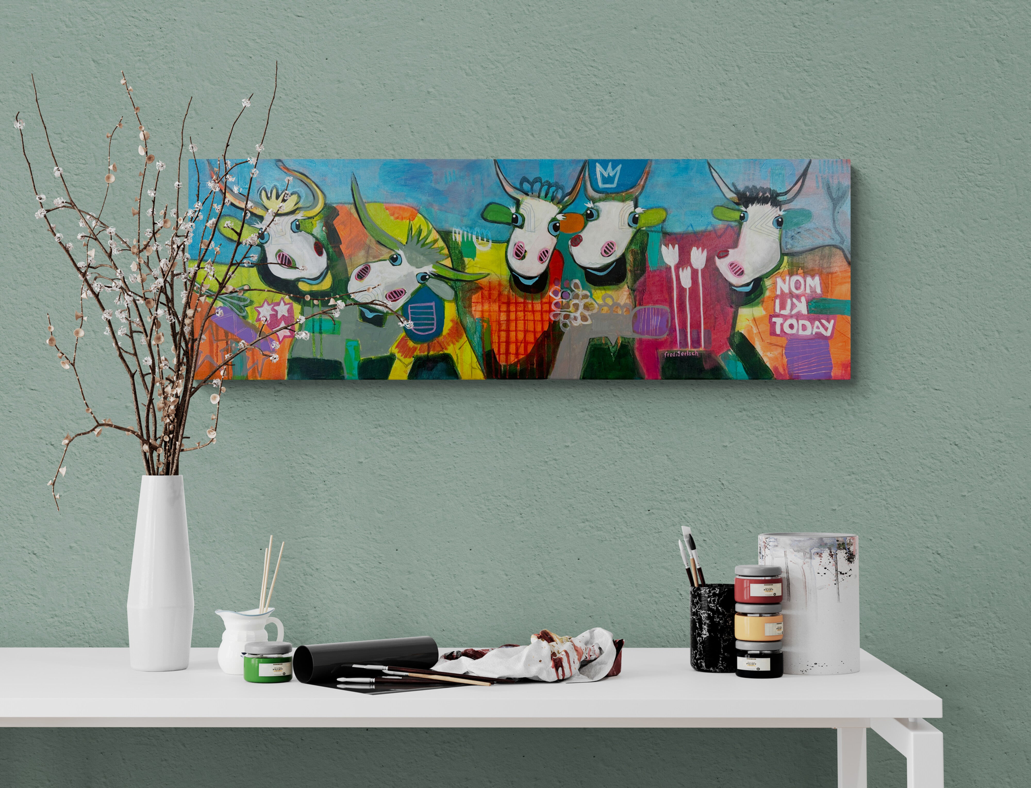 Pop Art 120x40cm Alpaufzug, fünf fröhliche Kühe Krone Sterne No Milk Today Schweizer Tradition Gemeinschaft Lebensfreude, Acryl Leinwand Original Fredi Gertsch, in Wohnraum