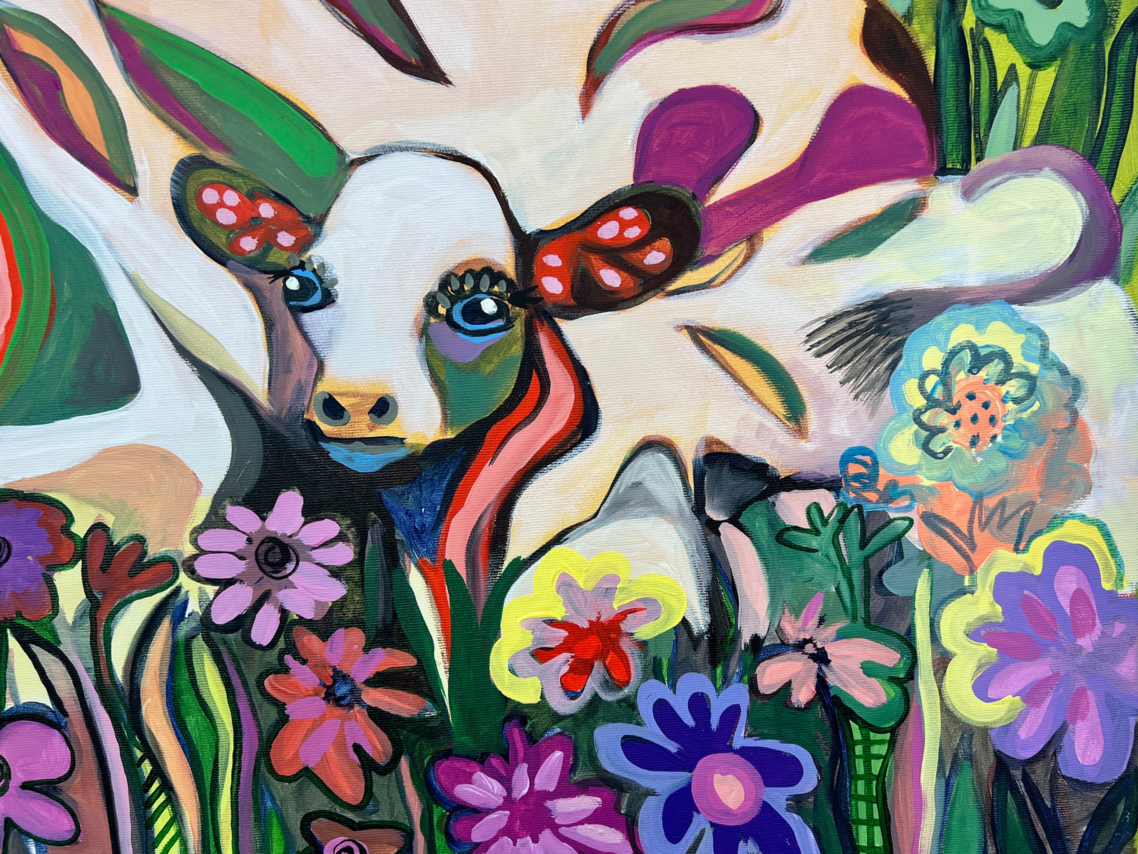 IPop Art Kuh 100x100cm BabyMum Blumenwiese, Kuh zwei Kälbchen Hügellandschaft Wolken, Familie Geborgenheit, Acryl Leinwand Original Fredi Gertsch, Detailansicht Kälbchen in Blumenwiese