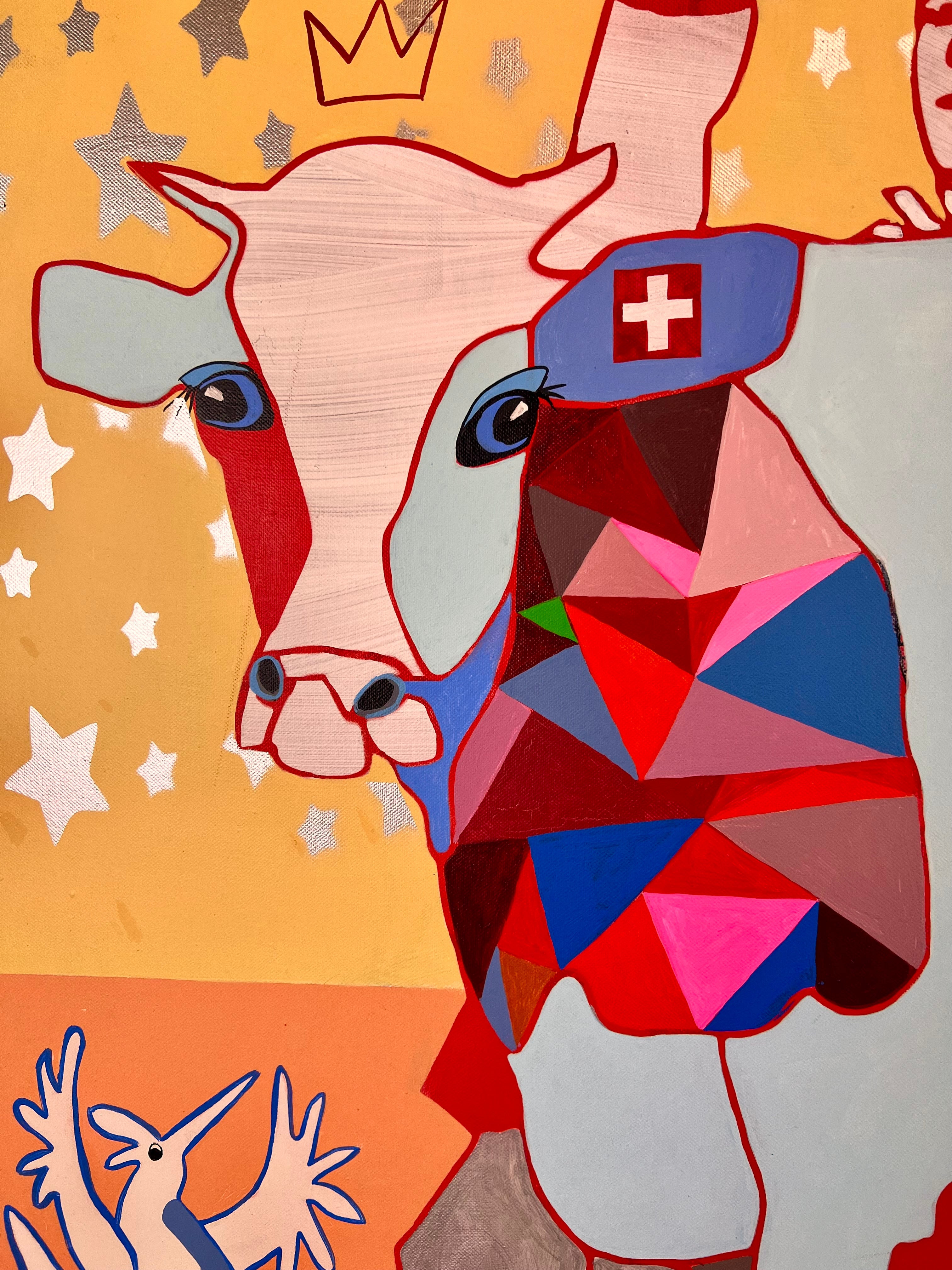 Pop Art 120x100cm A Star is Born, Kuh Charlie Chaplin Laurel Hardy Sternenhimmel Nostalgie Kreativität Lebensfreude, Hollywood Legends Serie, Acryl Leinwand Original Fredi Gertsch, Detailansicht Kuh