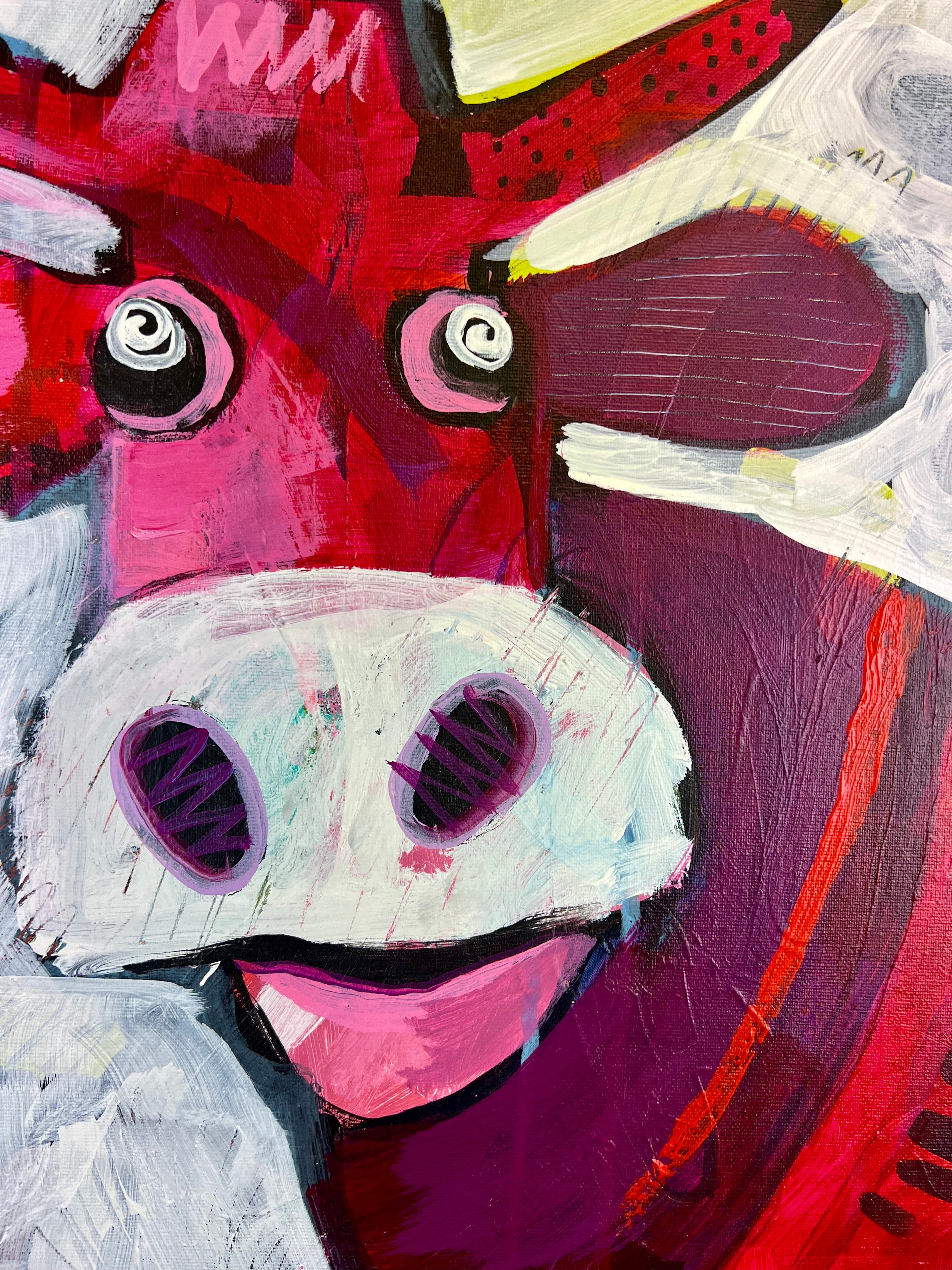 Pop Art 100x70cm Simply Red Cow, rote Kuh High Heels Vogel Achselpatten Hase weisser Hintergrund schwarze Sterne, Individualität Selbstbewusstsein, Acryl Leinwand Original Fredi Gertsch, Detailansicht Kuhkopf