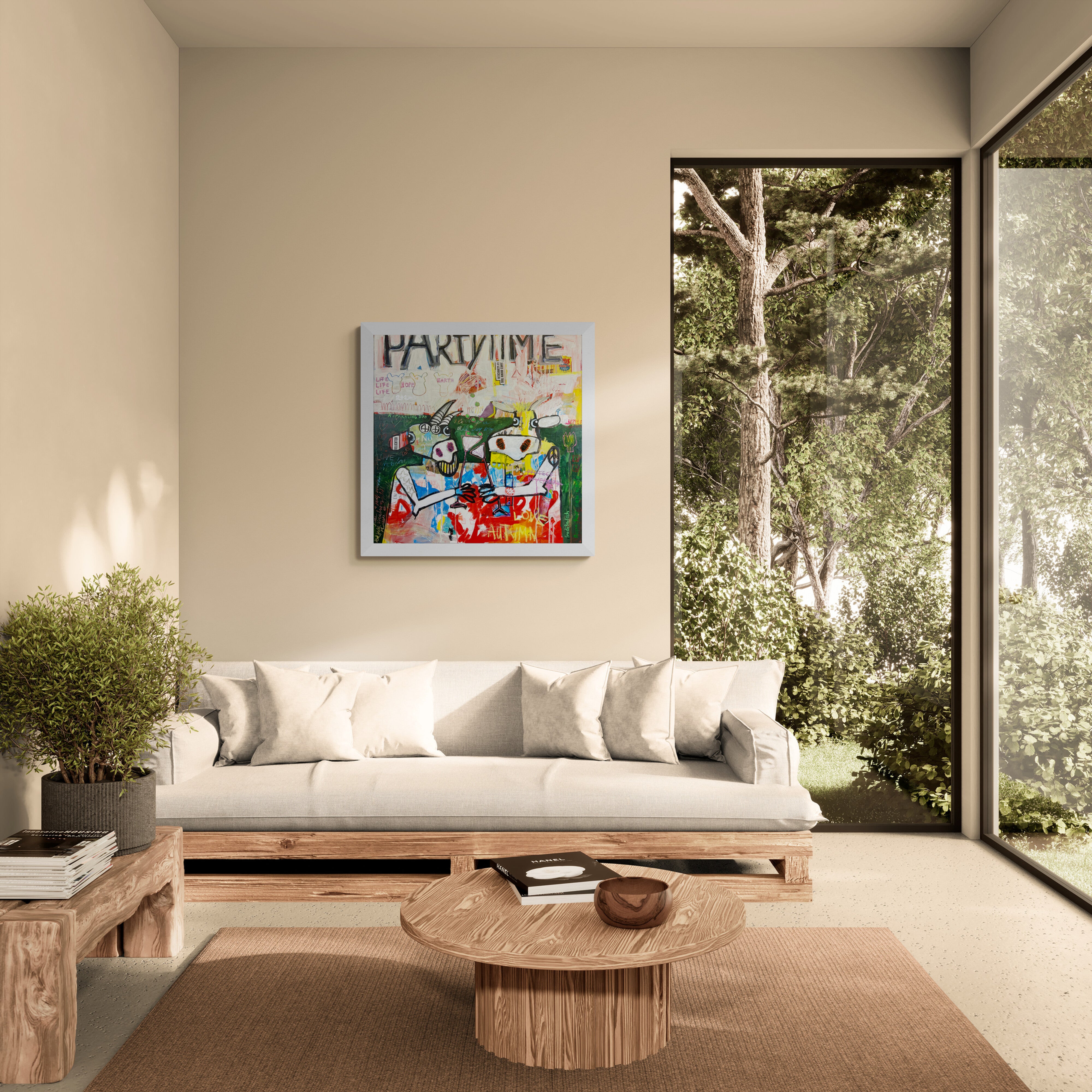 Pop Art Kühe 80x80cm Party Time, zwei Kühe zuprosten Basquiat Stil Street Art, Lebensfreude Herbstliebe, Mixed Media Leinwand Original Fredi Gertsch, in modernem Wohnraum